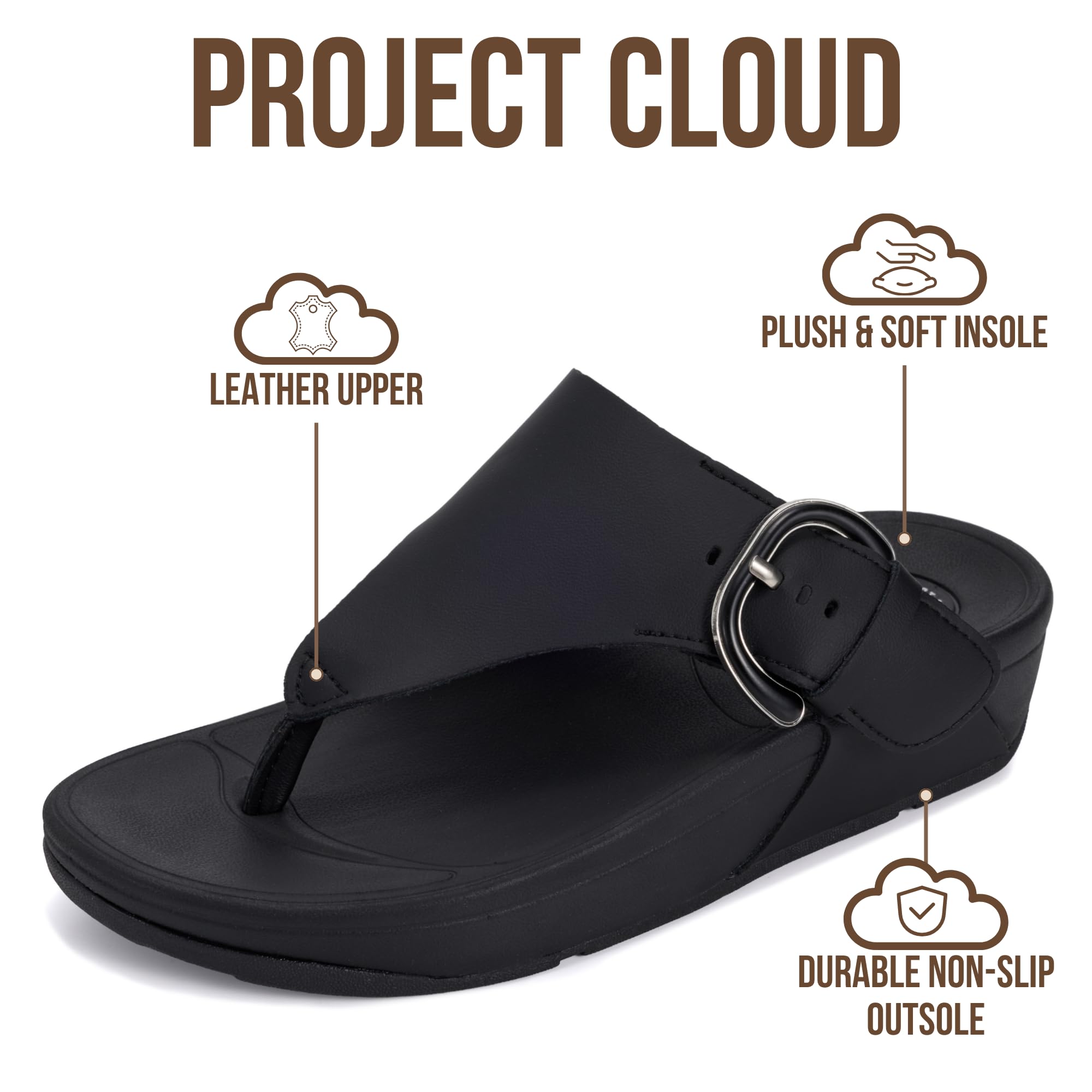 Project Cloud Women's | Leather Thong Sandals | Adjustable Buckle | Plush and Soft Insole | Lightweight | Non-Slip - Arlee Buckle - Project Cloud - Sandals -Shop Project Cloud premium footwear Now!