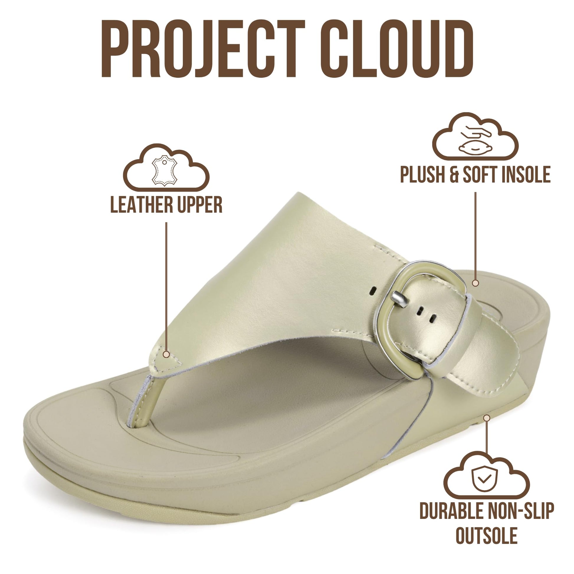 Project Cloud Women's | Leather Thong Sandals | Adjustable Buckle | Plush and Soft Insole | Lightweight | Non-Slip - Arlee Buckle - Project Cloud - Sandals -Shop Project Cloud premium footwear Now!
