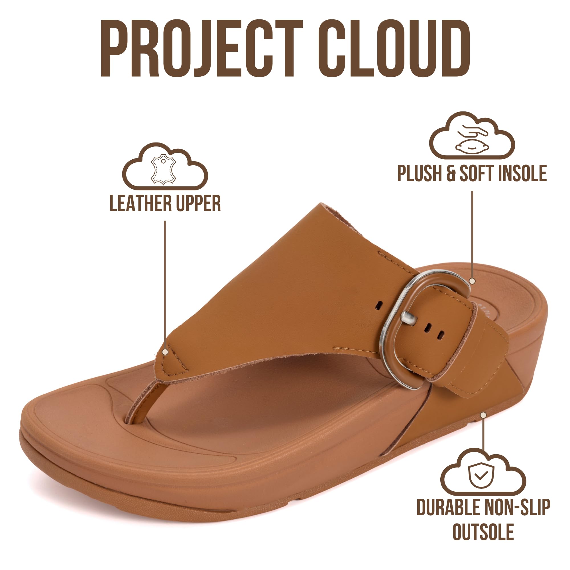 Project Cloud Women's | Leather Thong Sandals | Adjustable Buckle | Plush and Soft Insole | Lightweight | Non-Slip - Arlee Buckle - Project Cloud - Sandals -Shop Project Cloud premium footwear Now!
