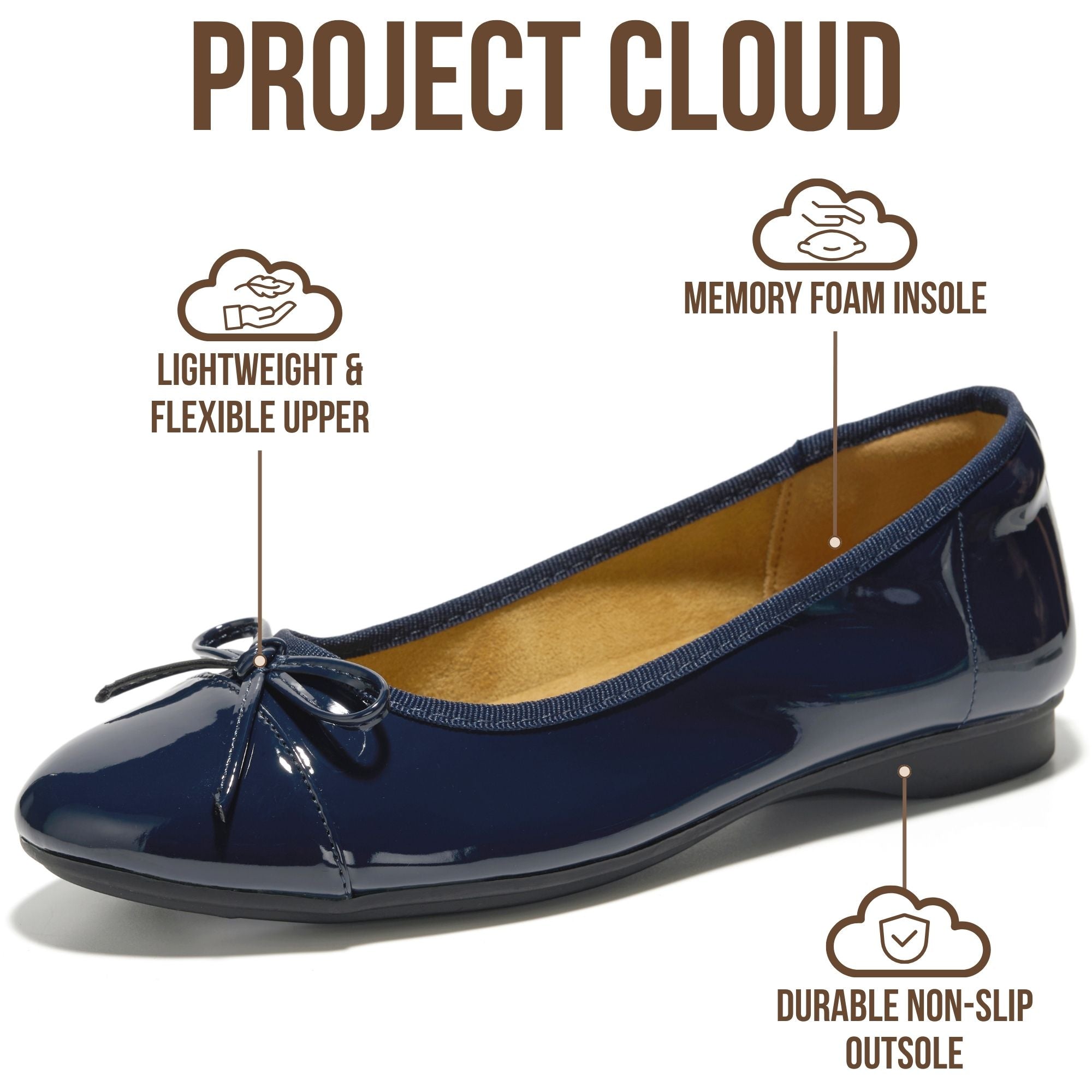 Project Cloud Women's | Genuine Leather Insole Womens Ballet Flats | Memory Foam | Lightweight | Non-Slip - Ashley