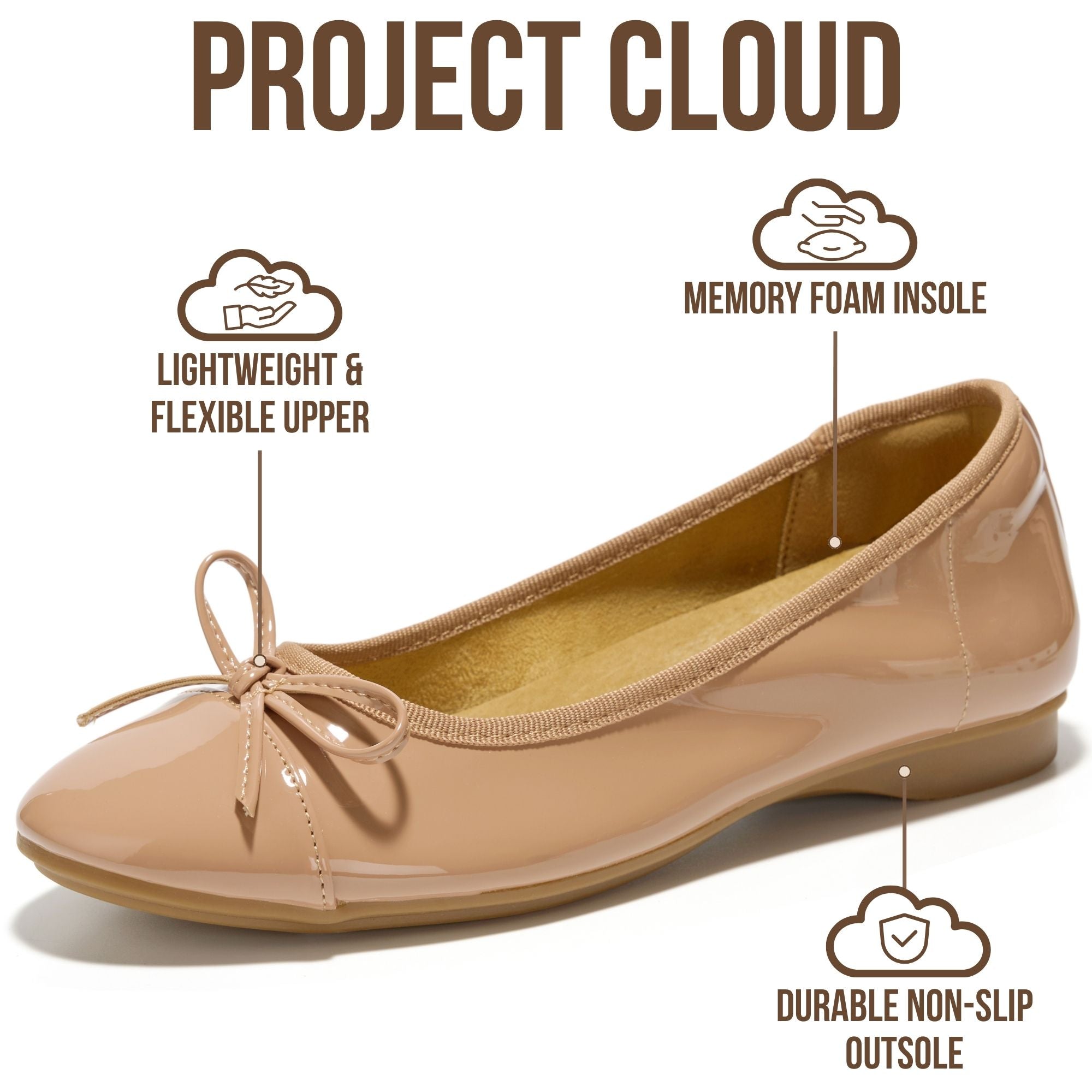 Project Cloud Women's | Genuine Leather Insole Womens Ballet Flats | Memory Foam | Lightweight | Non-Slip - Ashley