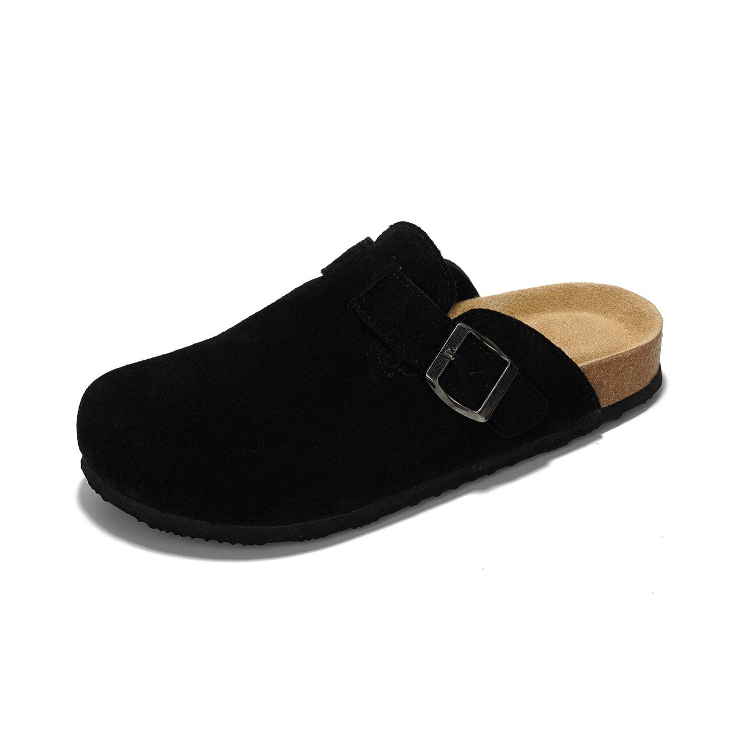 Project Cloud Women's Benton Clogs in black suede with buckle detail and cork footbed
