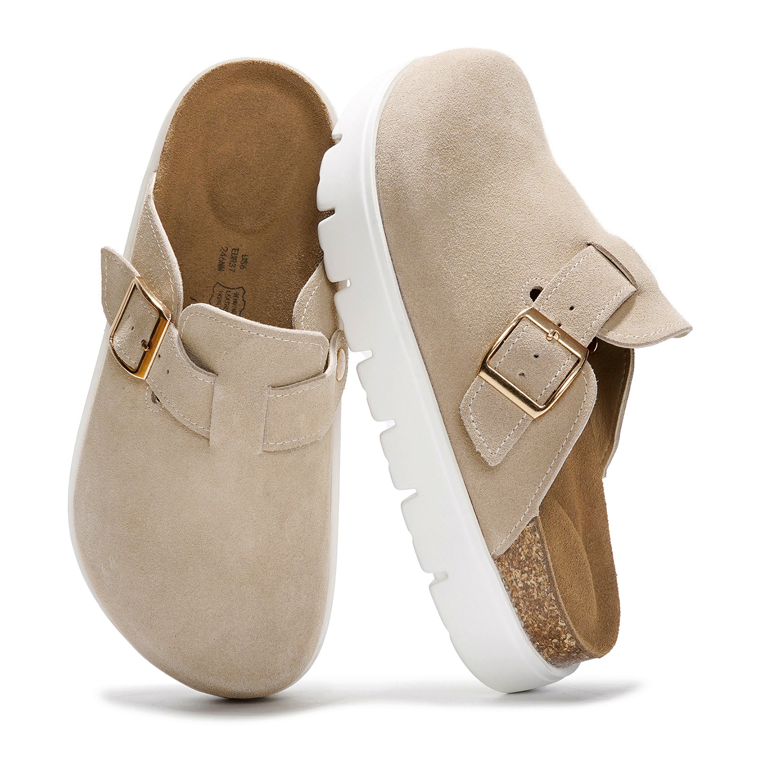 Beige Benton Chunky Clogs with buckle detail, genuine suede upper, cork footbed, and white platform sole.