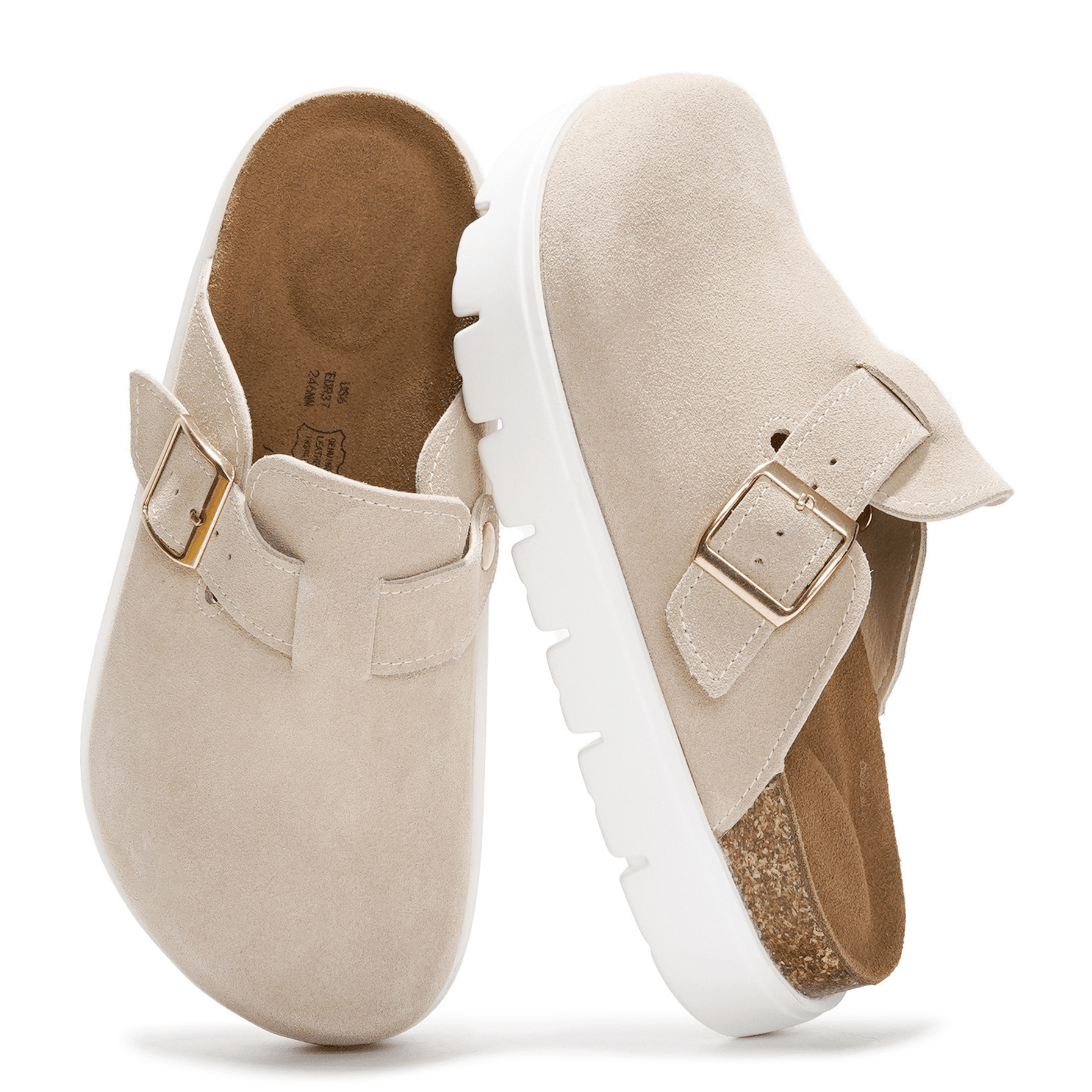 Beige Benton Chunky Clogs with buckle detail, genuine suede upper, cork footbed, and white platform sole.