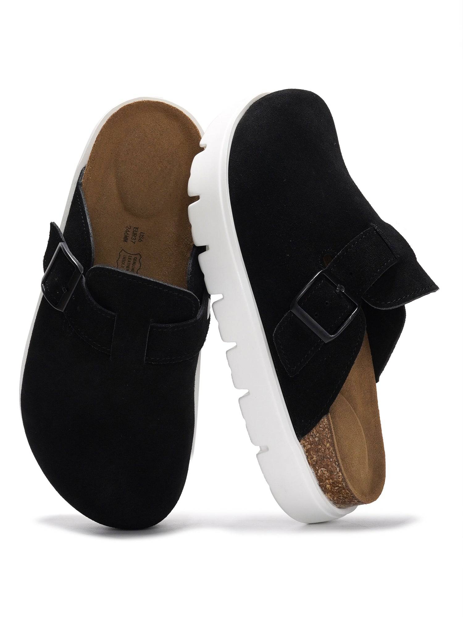 Black Benton Chunky Clogs with white platform sole, genuine leather, memory foam insole, and buckle detail for women.