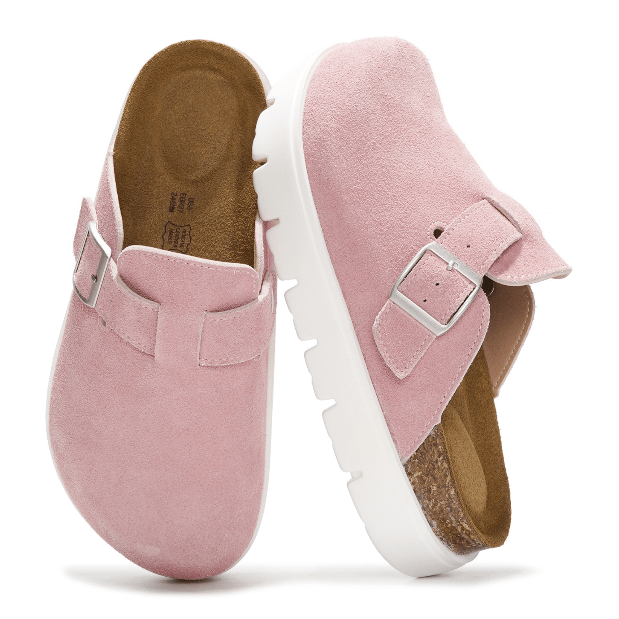 Mauve Benton Chunky Clogs: Genuine suede upper with platform sole and buckle detail, memory foam insole for women.