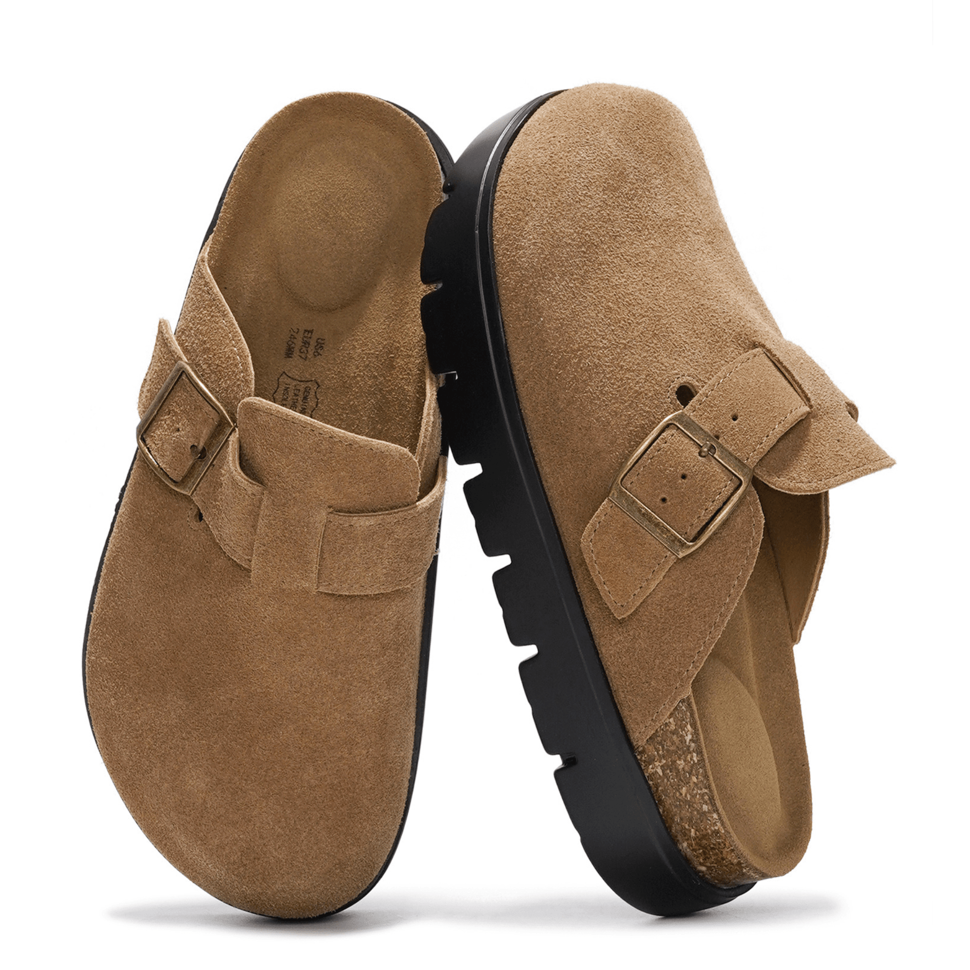 Tan suede Benton Chunky Clogs for women, featuring buckle detail, cork footbed and platform sole, for comfort and style.