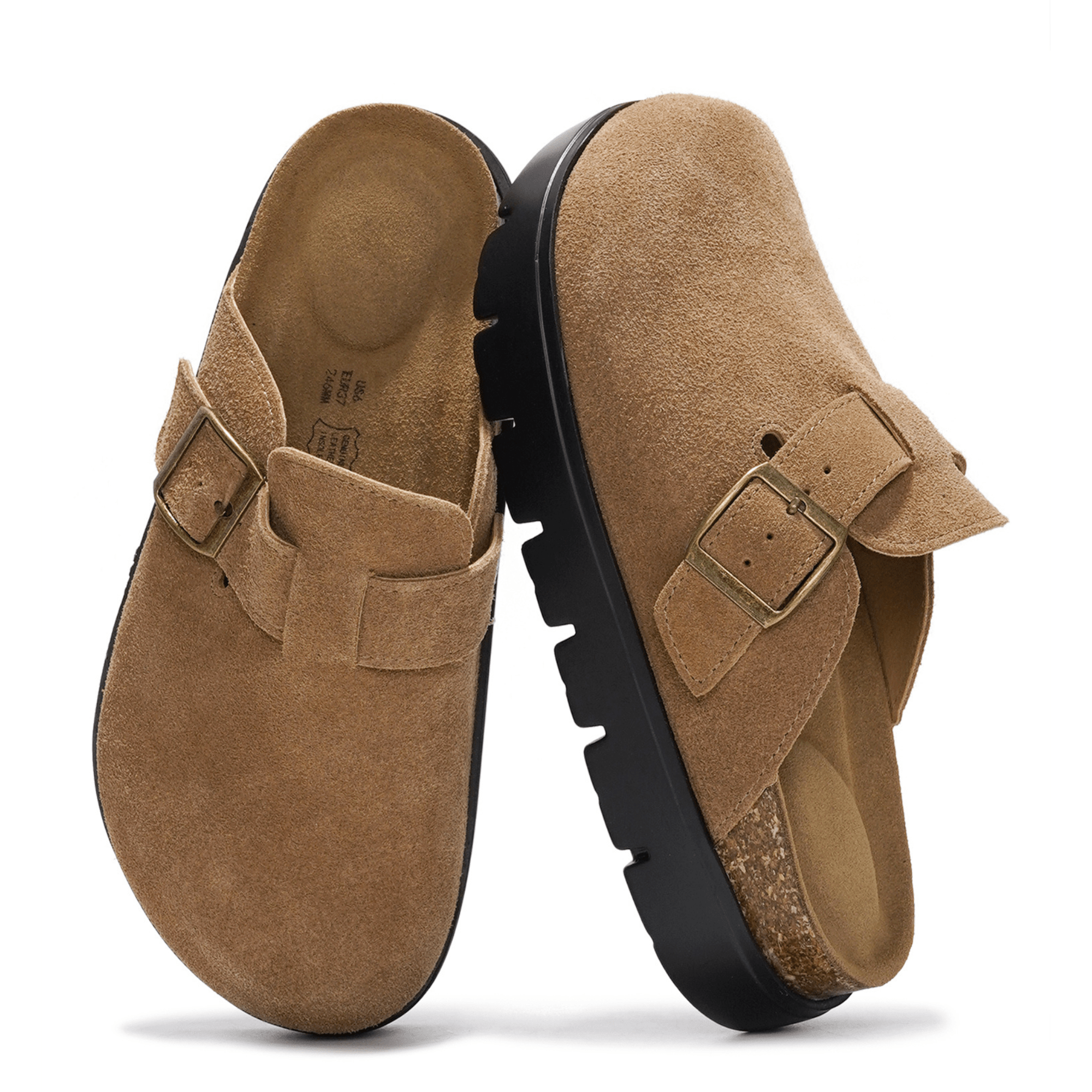 Tan suede Benton Chunky Clogs for women, featuring buckle detail, cork footbed and platform sole, for comfort and style.