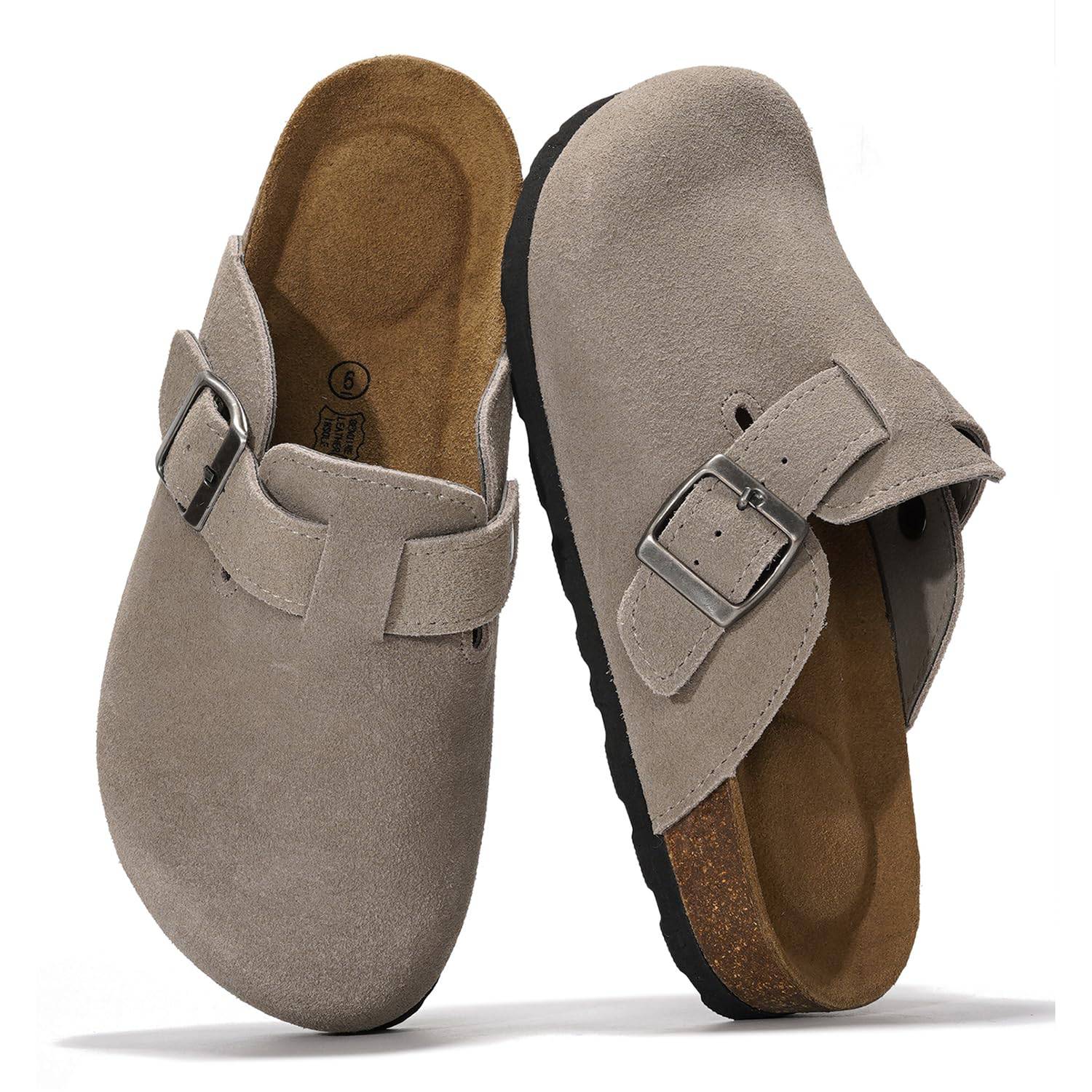 Project Cloud Women's Benton clogs in taupe suede, buckle detail, cork footbed, and memory foam support.