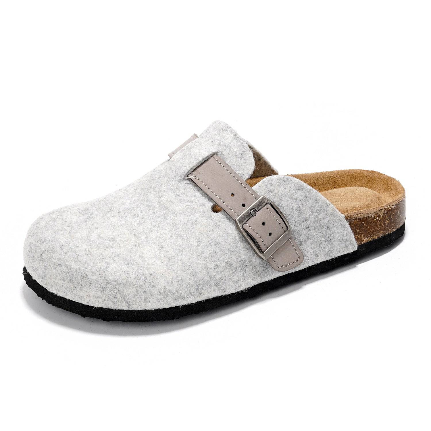 Project Cloud Women's Benton Clogs in light grey felt with buckle detail and cork footbed