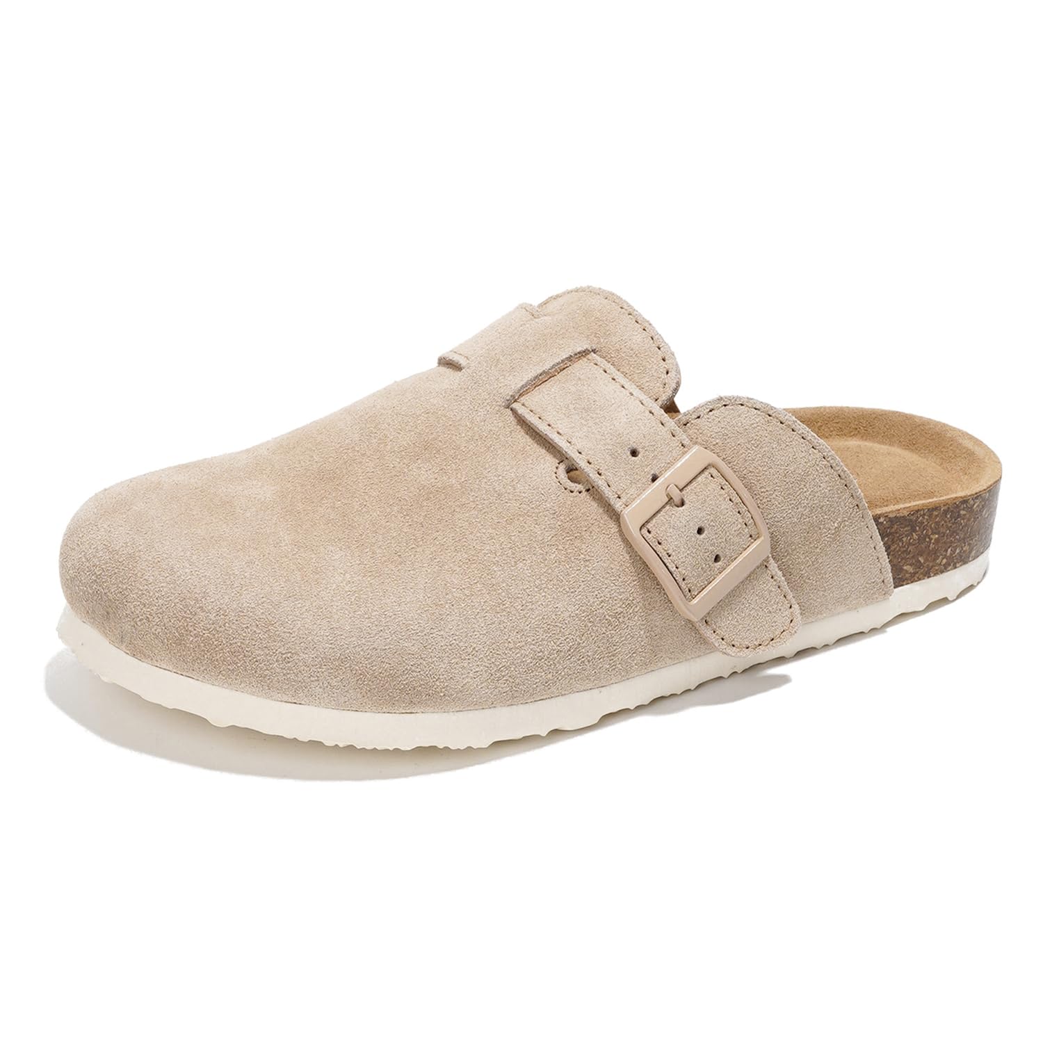 Project Cloud Women's Benton Clogs in beige suede with buckle detail and cork footbed