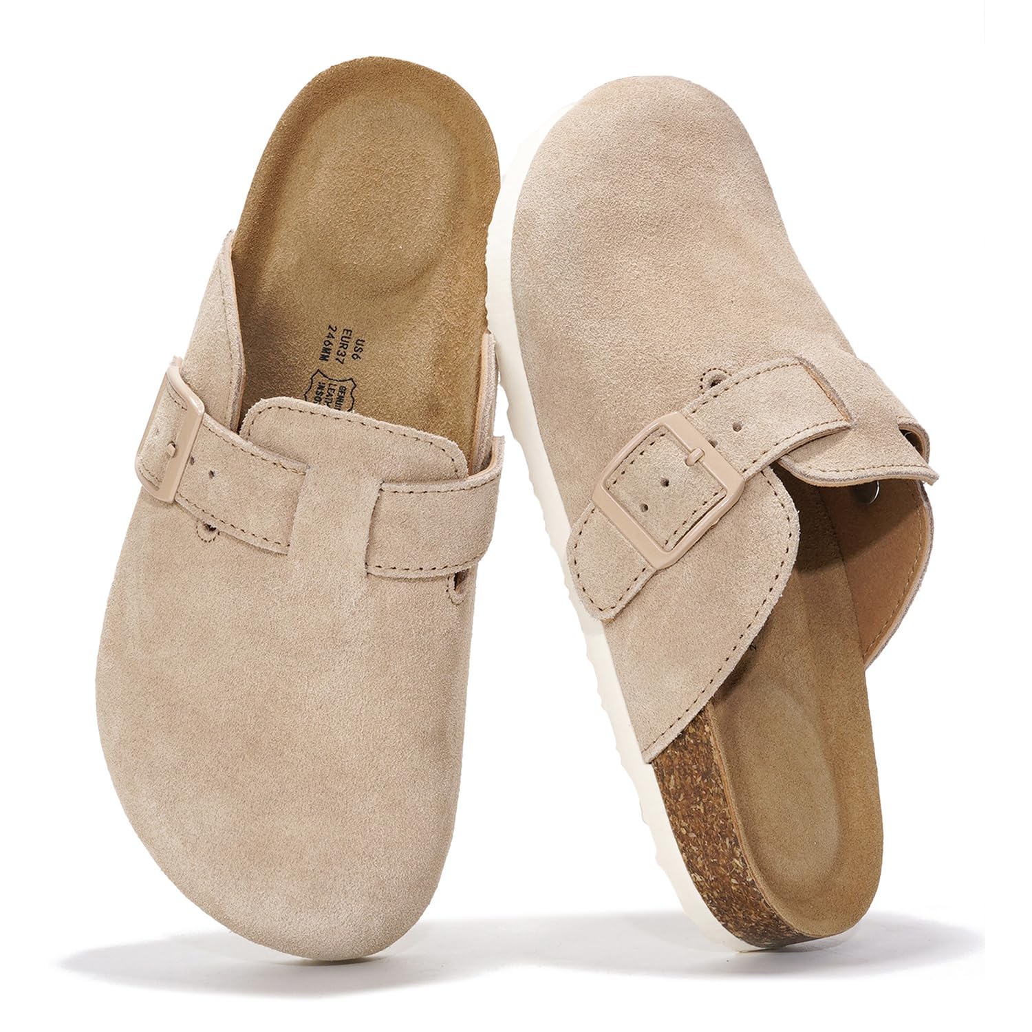 Project Cloud Benton Clogs in beige suede. Features buckle detail, cork footbed, and memory foam arch support for women.