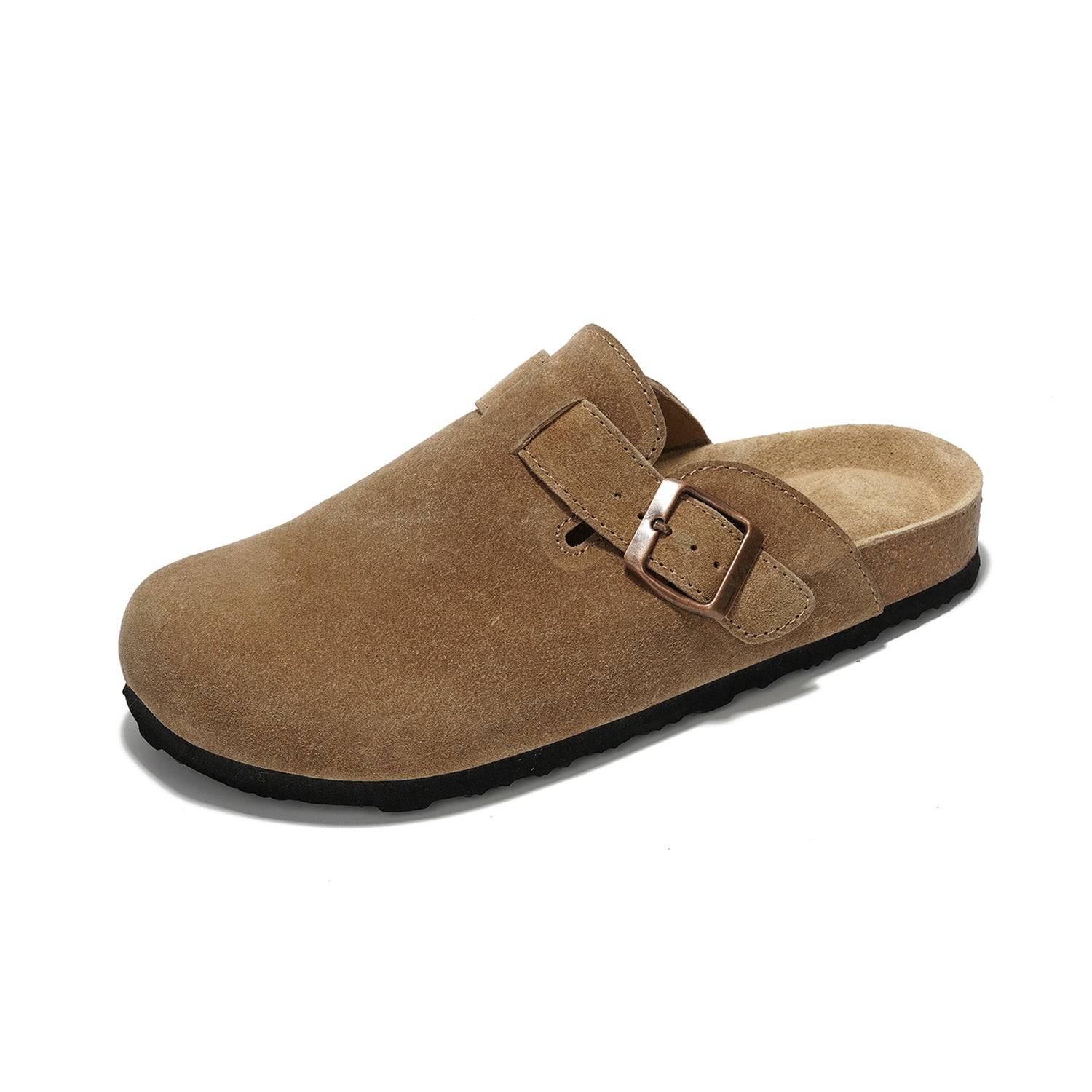 Project Cloud Women's Benton Clogs in brown suede with buckle detail and cork footbed