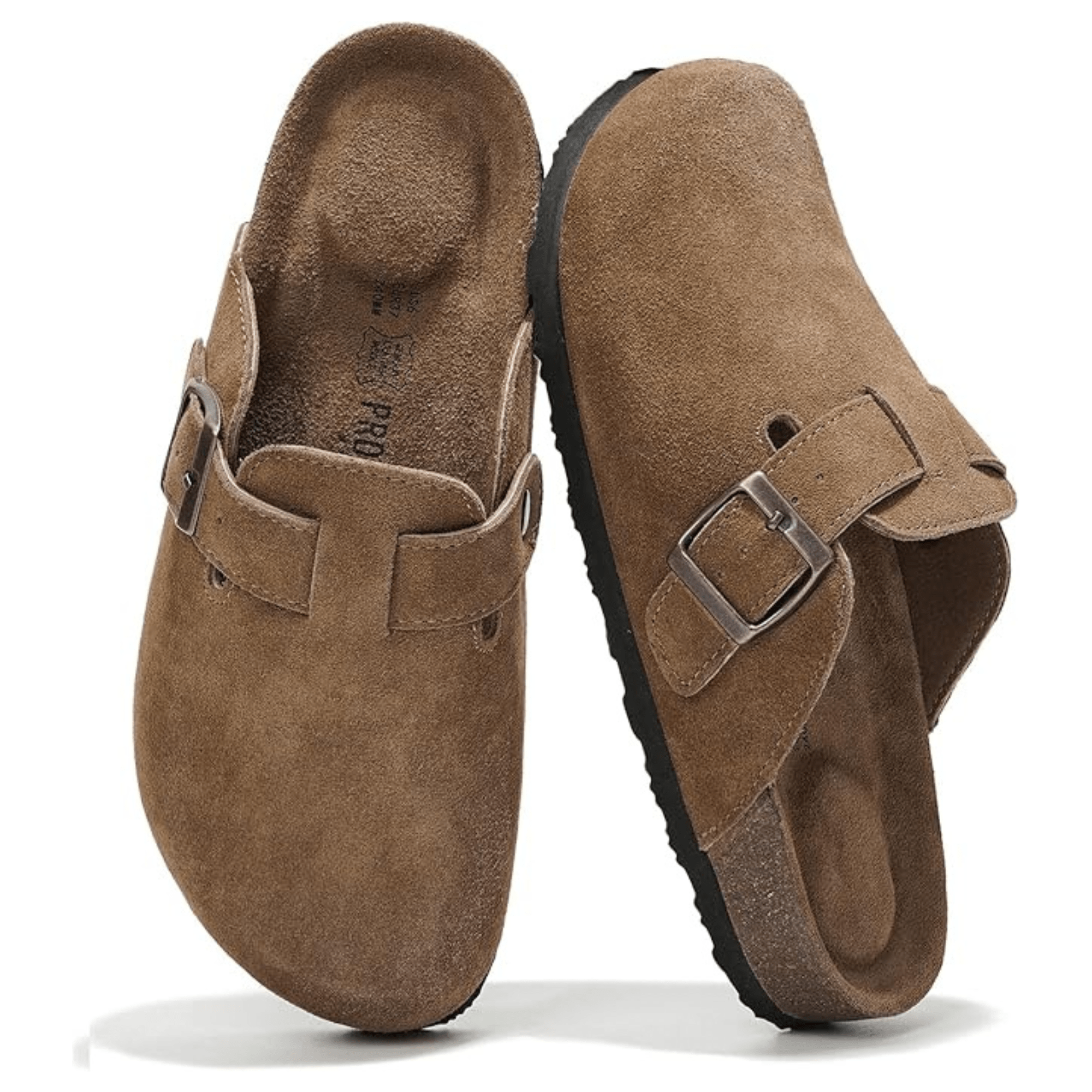 Project Cloud Women's Benton Clogs in taupe suede with buckle detail and cork footbed.