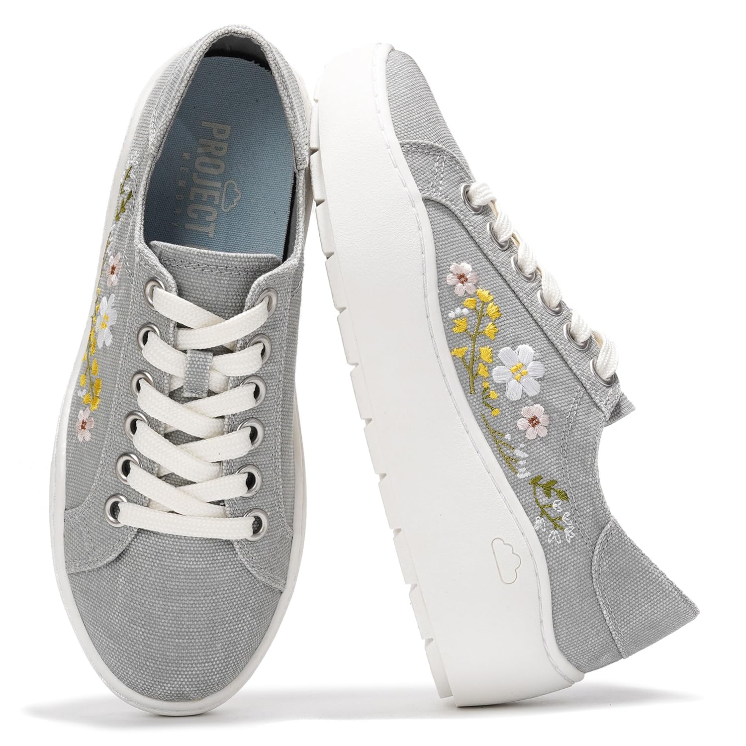 Project Cloud Bossy Platform Sneakers in grey canvas with floral embroidery, ProjectPlush™ memory foam.