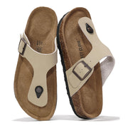 Beige leather Project Cloud Britani thong sandals with adjustable buckle and cork footbed, beach essentials.