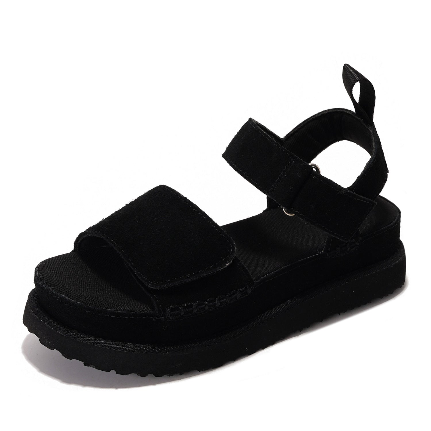 Bronzestar black platform sandals: memory foam insole, genuine leather, chunky sole. Comfortable and stylish footwear.