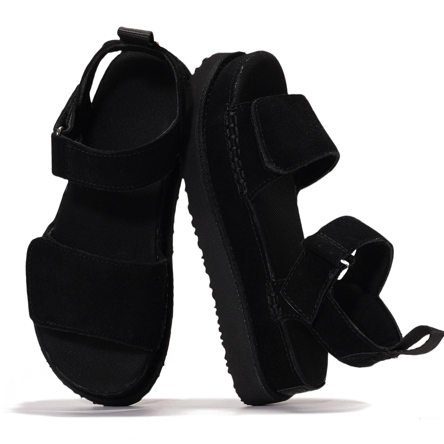 Black Bronzestar platform sandals with genuine leather, memory foam insole, chunky sole.