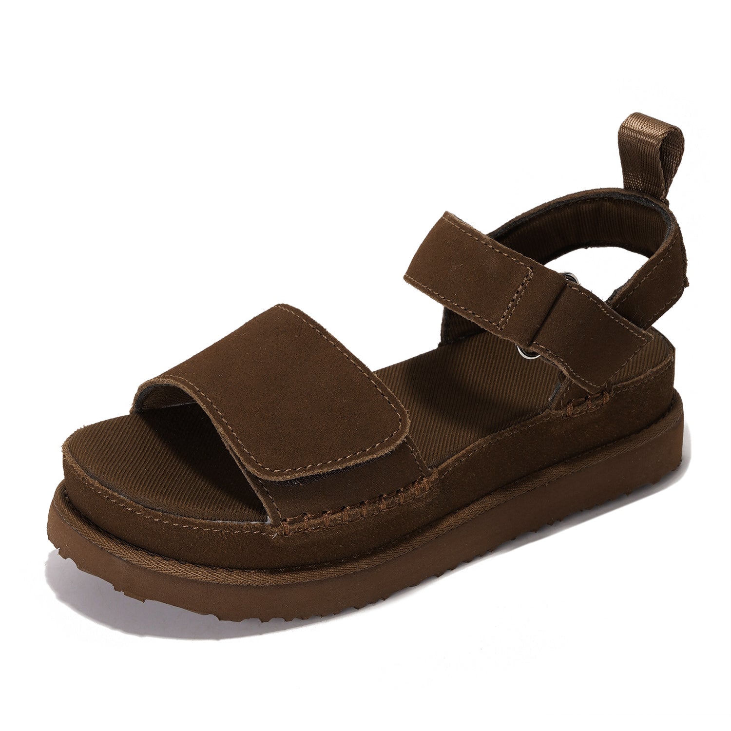 Brown Bronzestar platform sandal with suede leather straps, adjustable closure, and chunky sole.