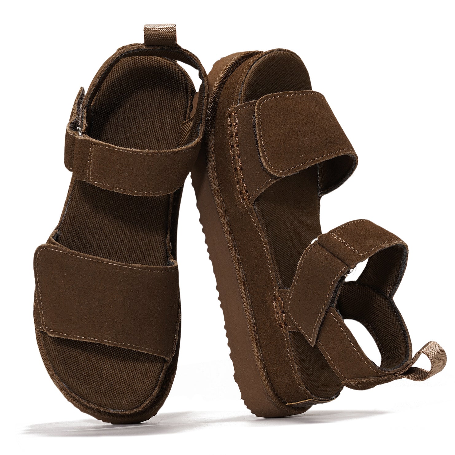 Brown Bronzestar platform sandals with suede leather straps, memory foam insole, and anti-slip sole