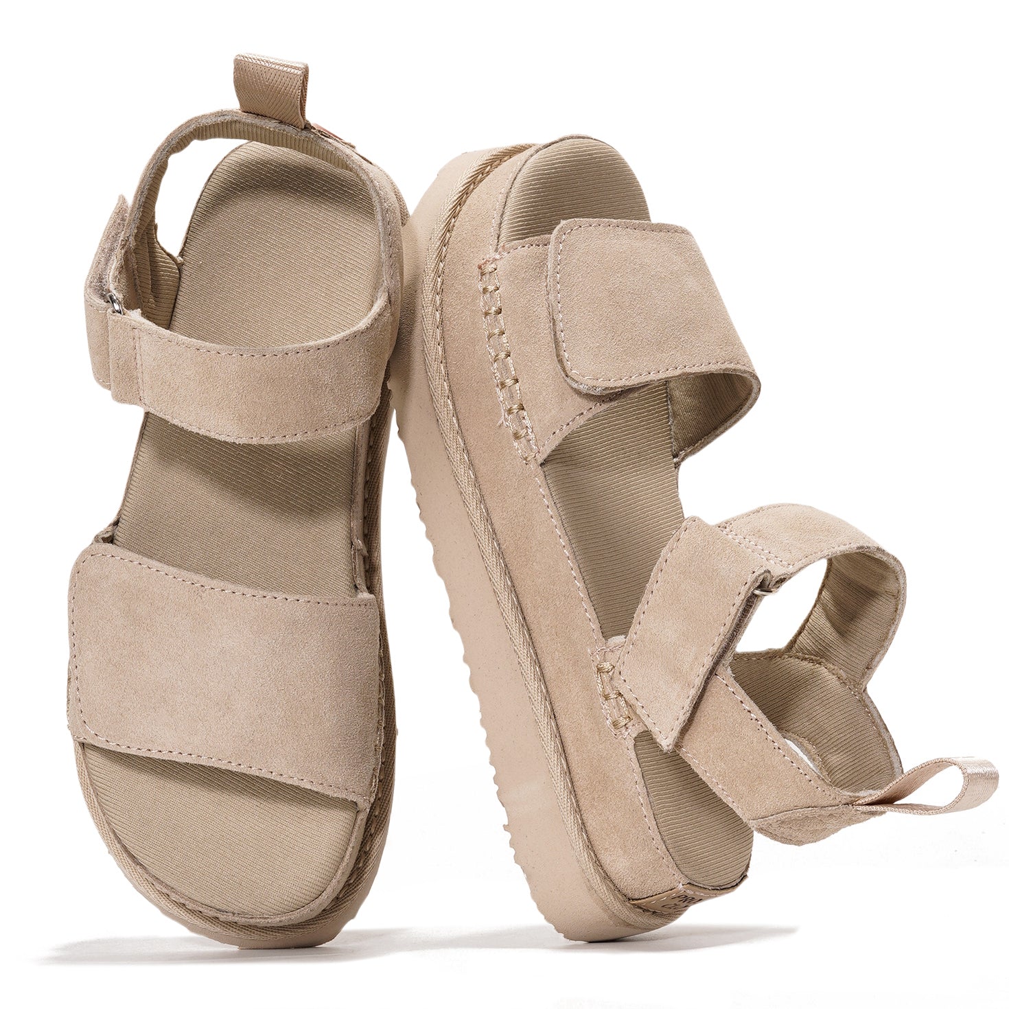 Bronzestar platform sandals, beige suede leather, memory foam insole, Project Cloud.