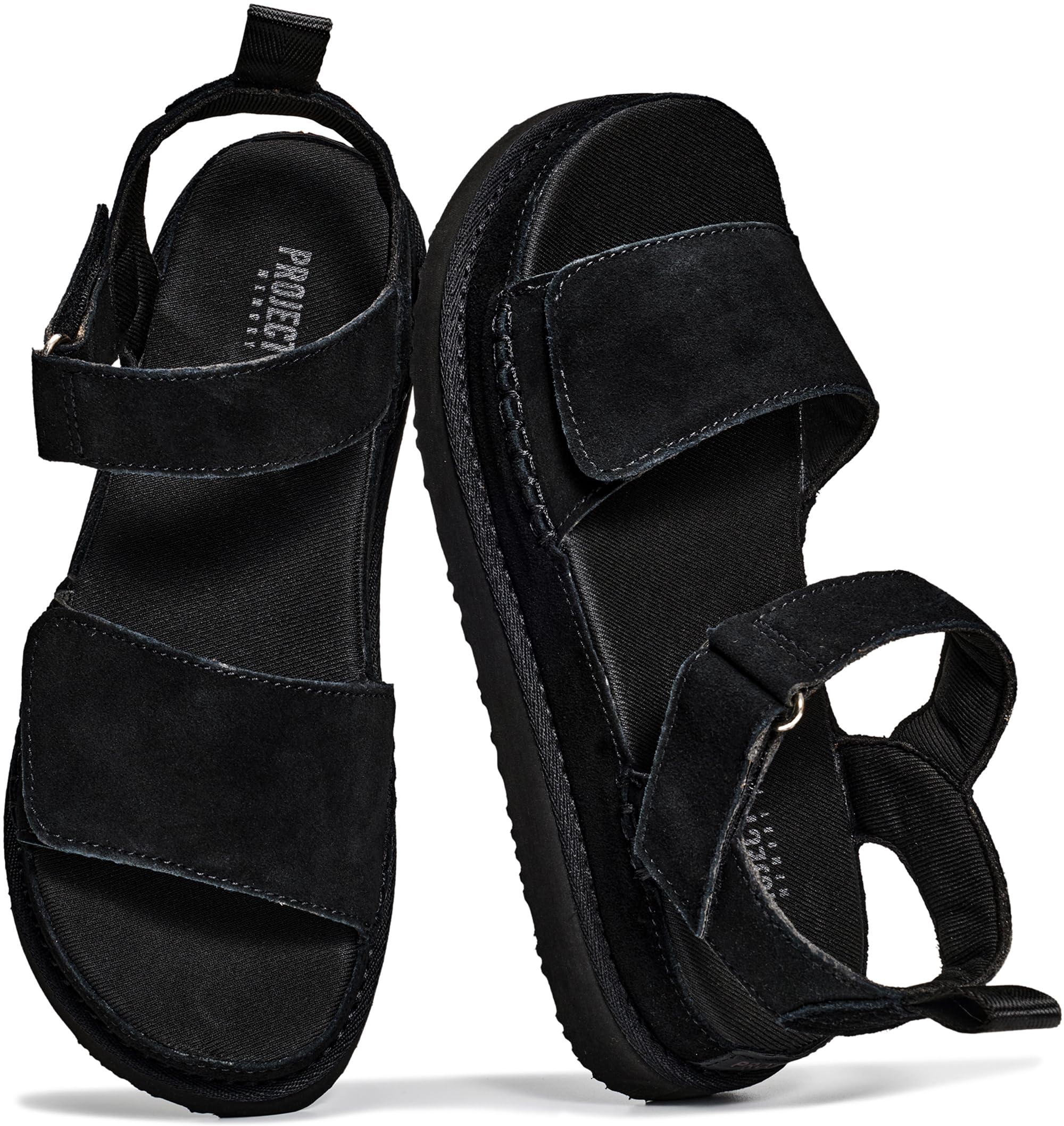 Black Bronzestar platform sandals with genuine leather, memory foam insole, chunky sole.