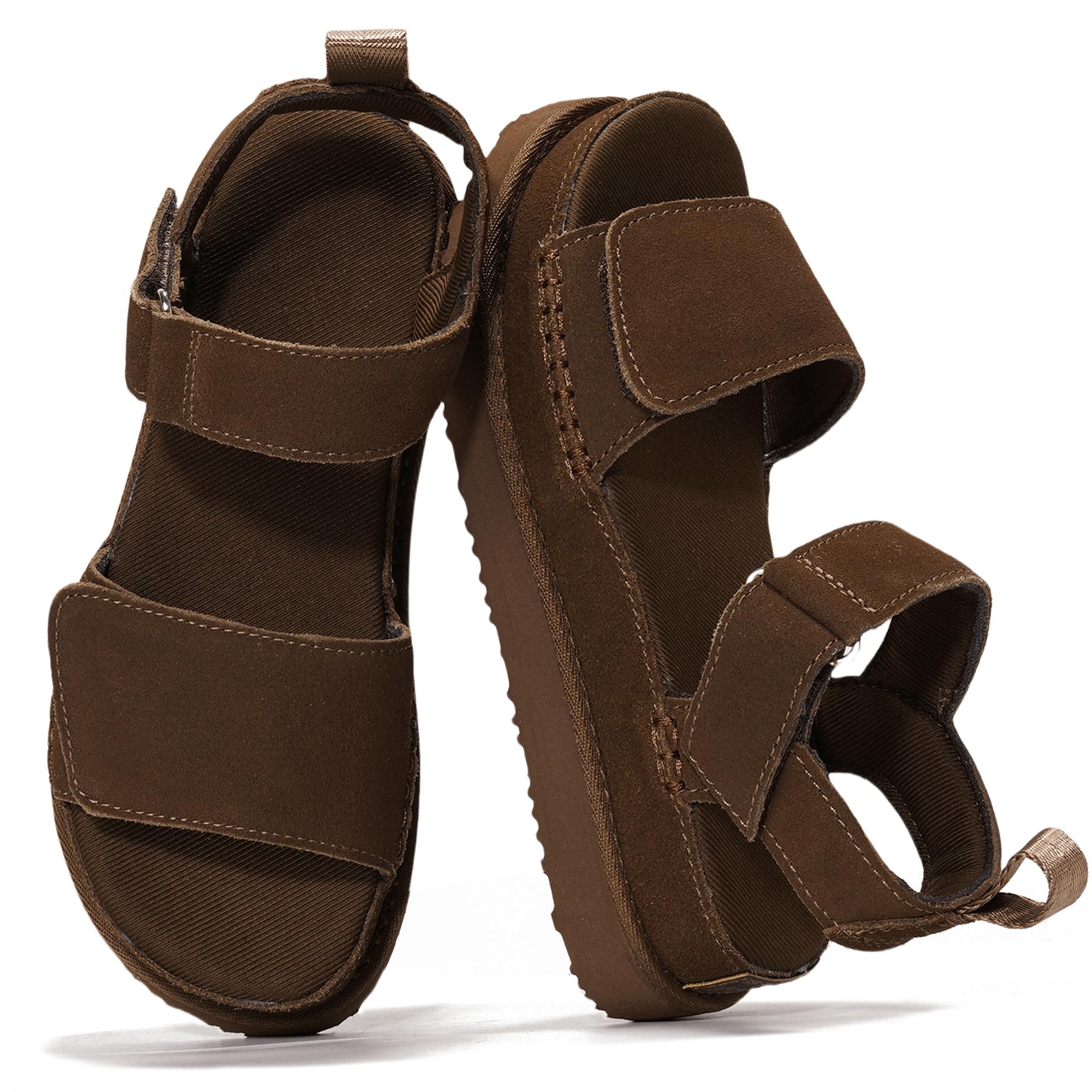 Brown Bronzestar platform sandals with suede leather straps, memory foam insole, and anti-slip sole