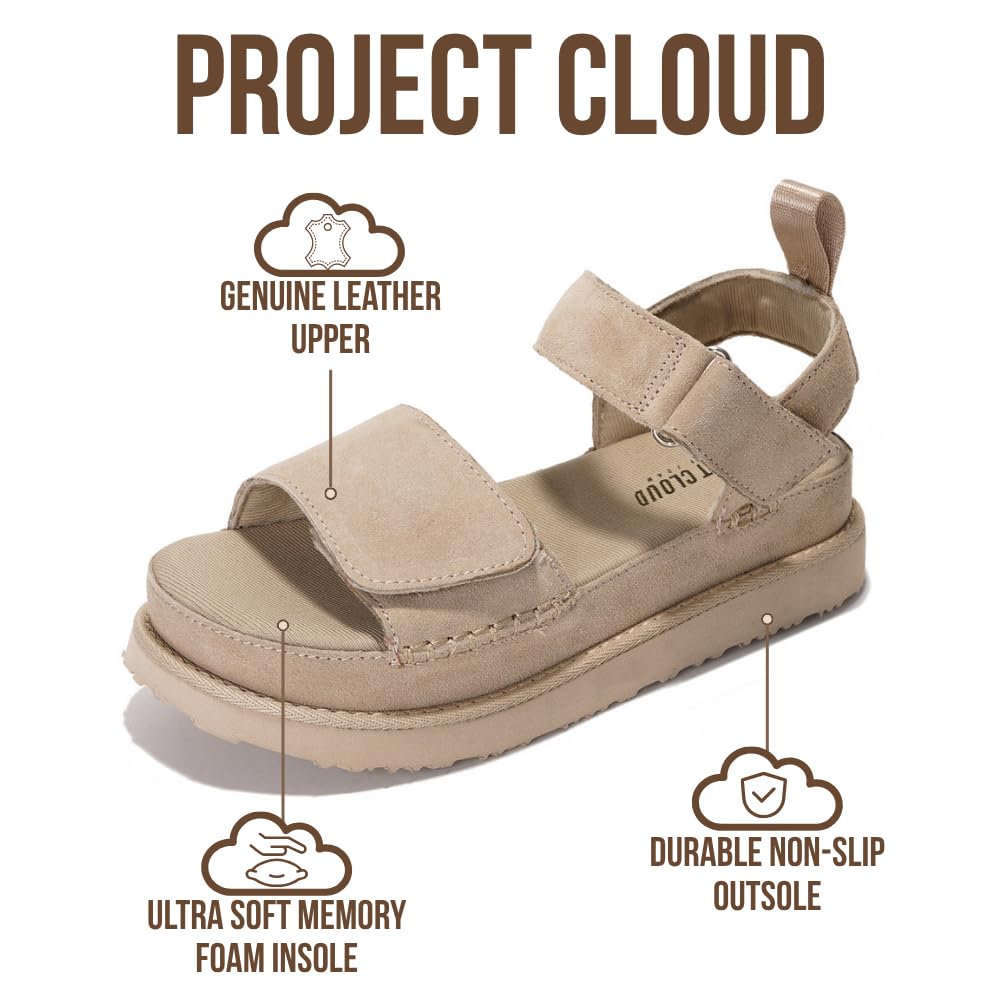 Project Cloud Bronzestar platform sandals, beige suede leather, memory foam, chunky sole.