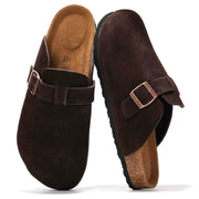Brown suede clogs for men with buckle detail, cork footbed, perfect for comfort and style. Brooklyn style men's slipper