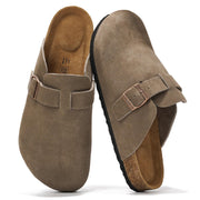 Chestnut suede Brooklyn clogs for men with buckle detail and cork footbed, memory foam insole for comfort.