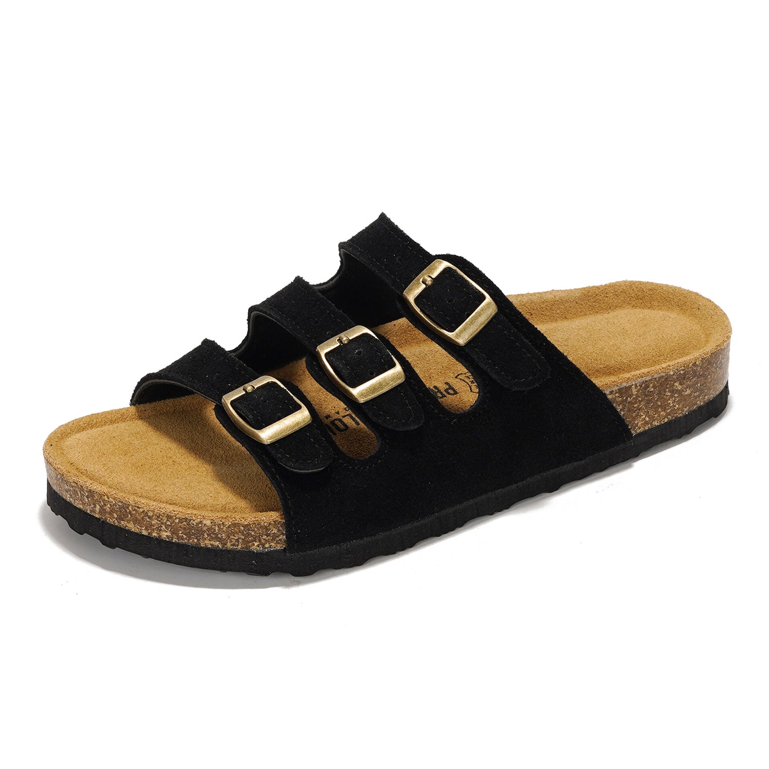 Project Cloud Capri black leather sandal with triple straps and gold buckles, cork footbed, perfect for summer wear