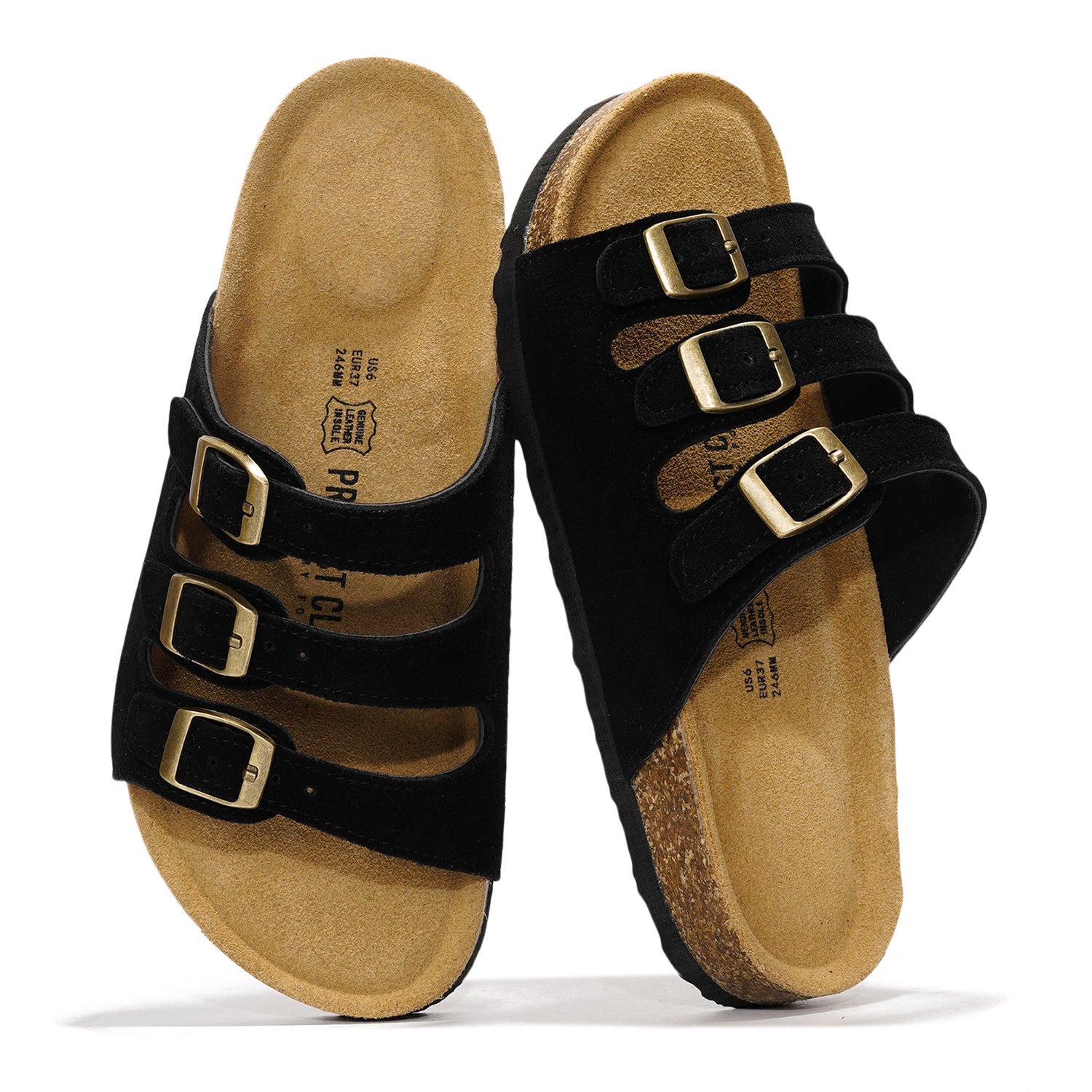 Project Cloud Capri black leather sandal with triple straps, gold buckles, ProjectPlush insole, and cork footbed.