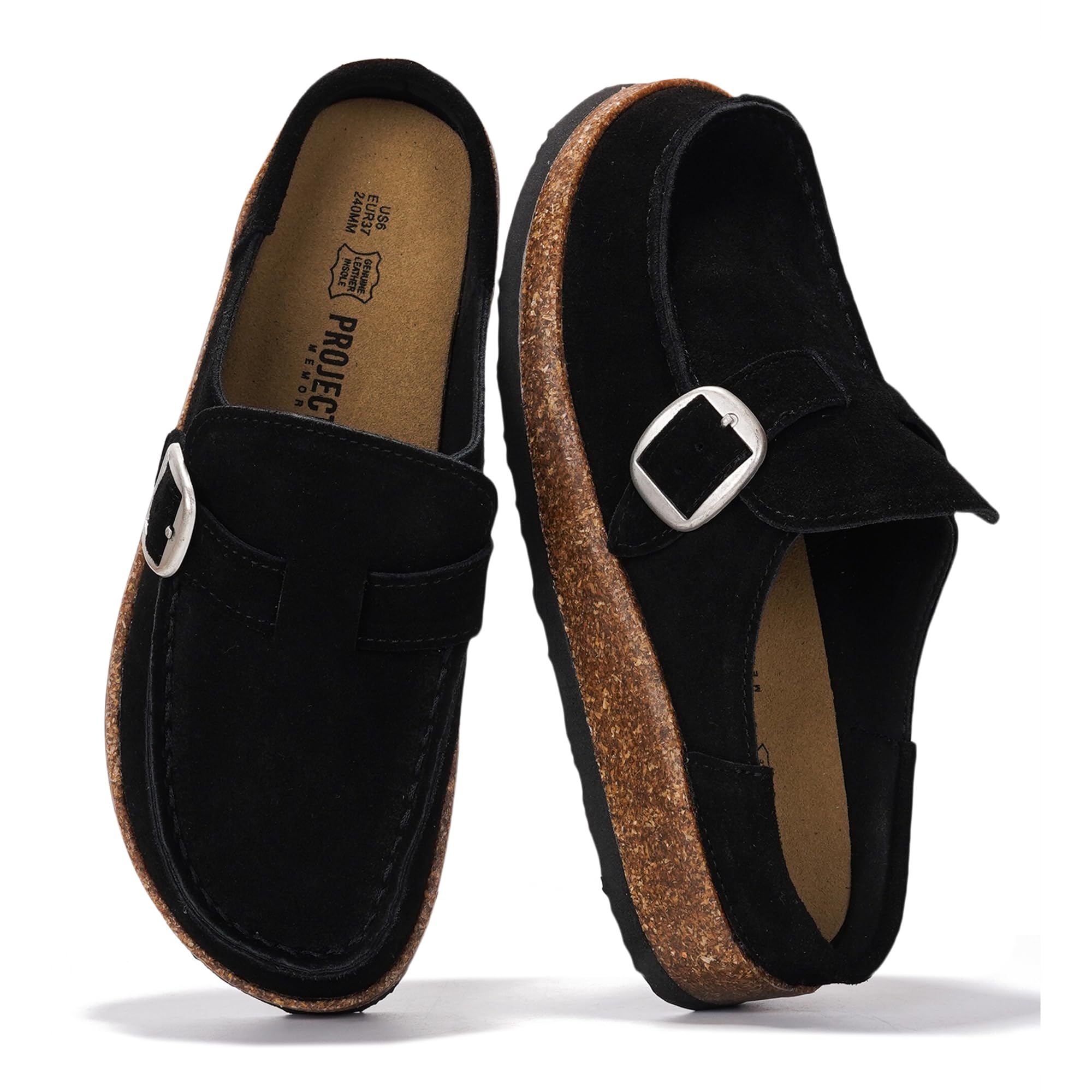 Project Cloud Carline Black Clogs for Women featuring genuine leather, memory foam insole, and buckle detail.