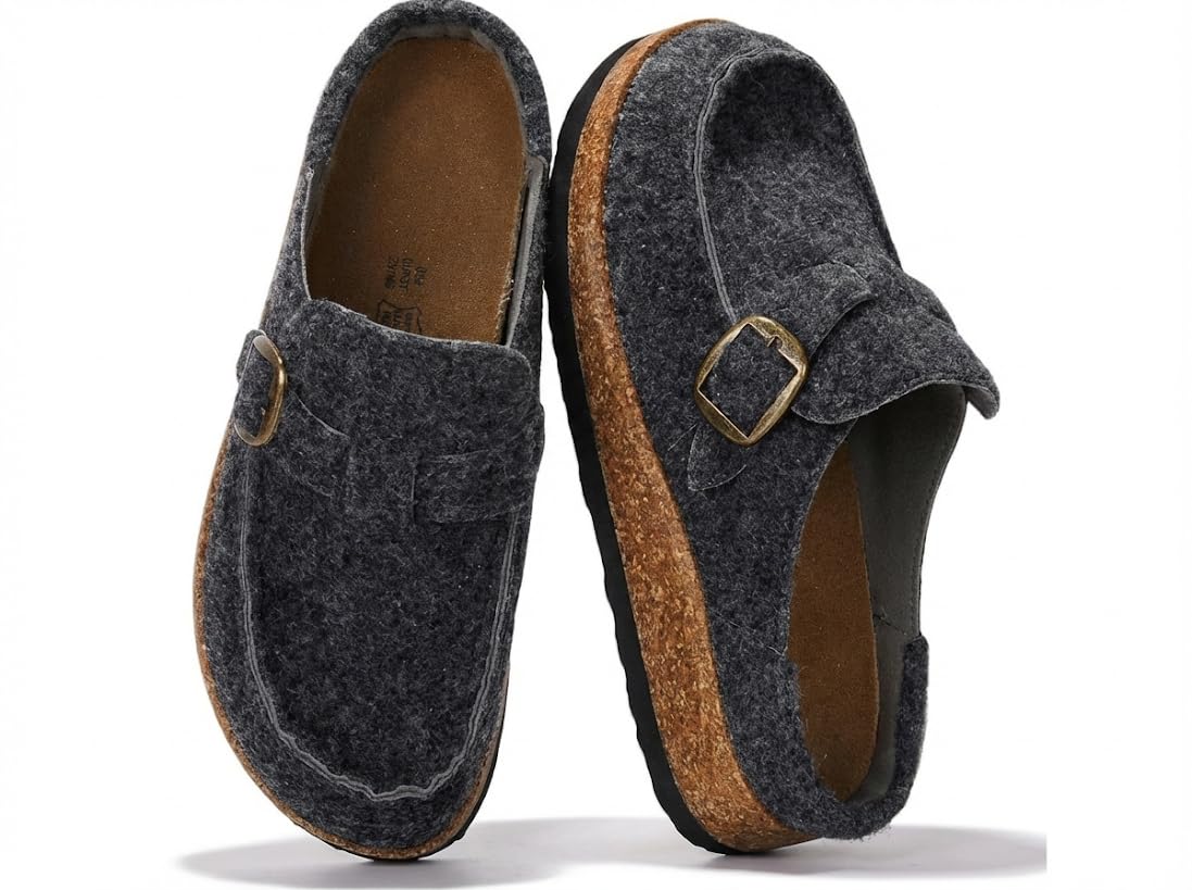 Project Cloud Carline clogs, dark grey felt, cork sole, buckle detail, women's comfort clogs