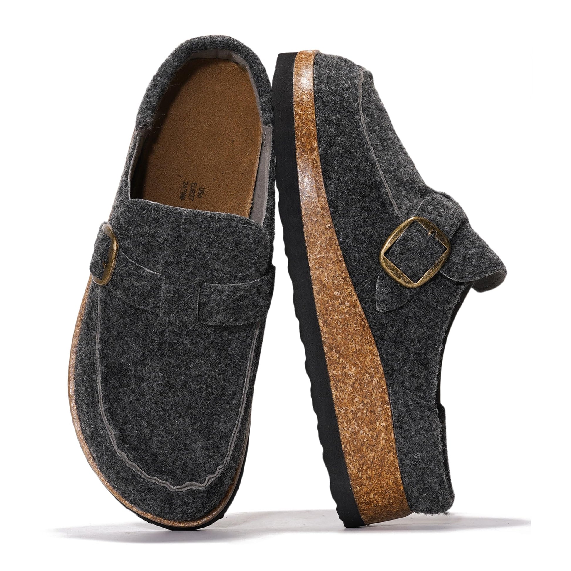 Project Cloud Carline clogs, dark grey felt, cork sole, buckle detail, women's comfort clogs