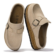 Beige suede Carline clogs by Project Cloud, cork sole, buckle detail, non-slip women's clogs.