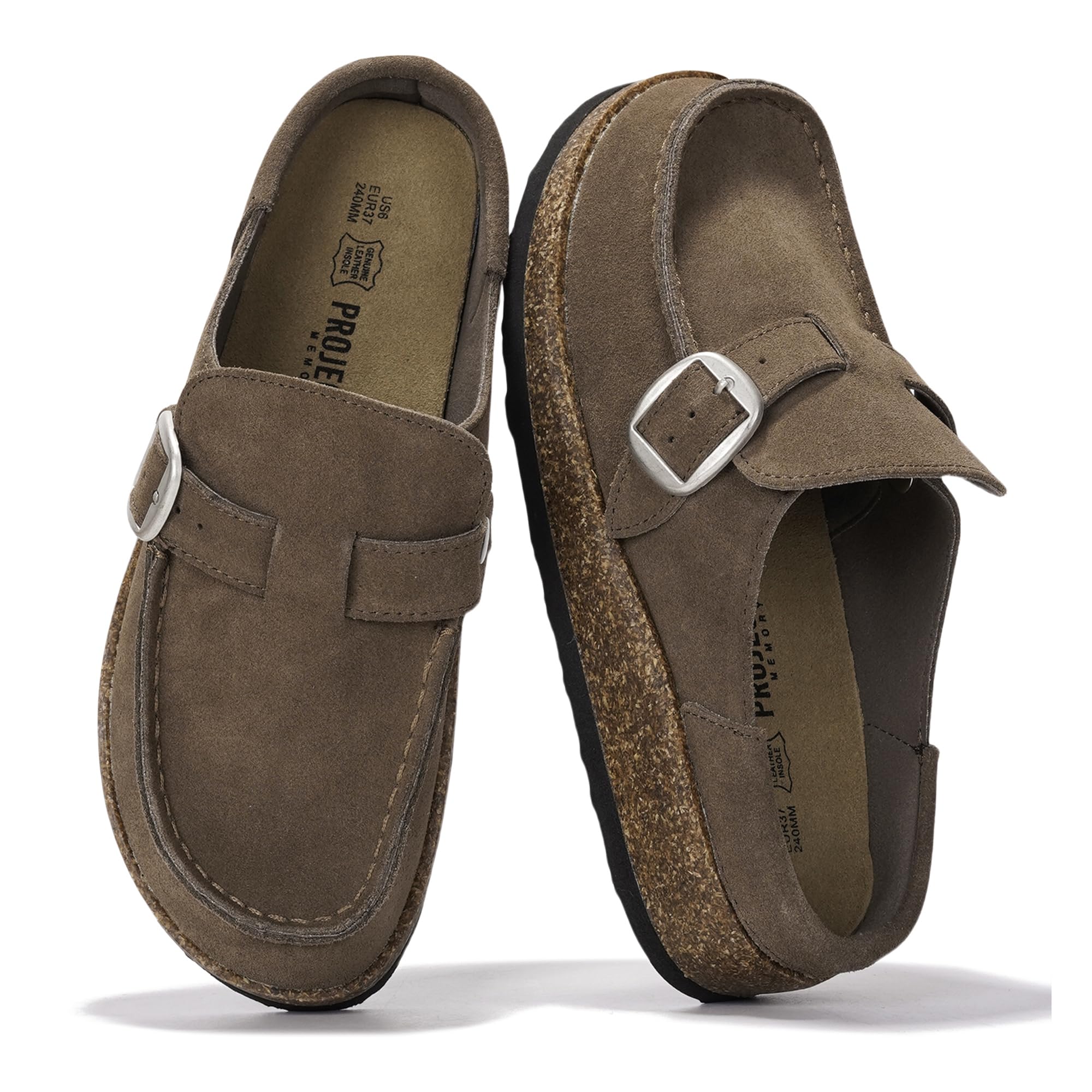 Project Cloud Carline clogs for women featuring genuine leather, buckle detail and memory foam insole.