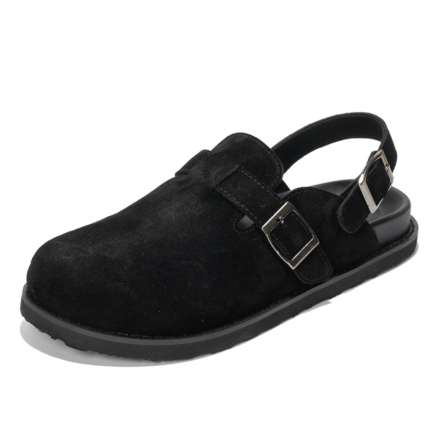 Project Cloud Cassey clog in black suede leather with buckle and back strap