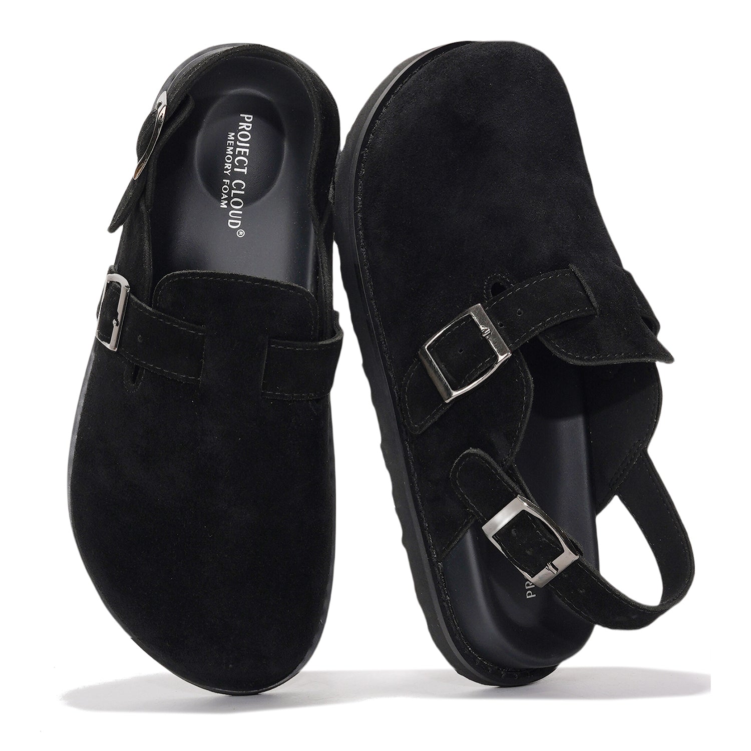 Project Cloud "Cassey" clogs in black suede leather with memory foam insole