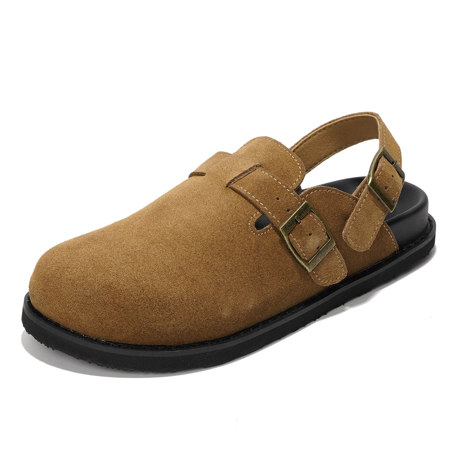 Project Cloud Cassey clogs: brown suede, buckle and back straps, memory foam, lightweight design.