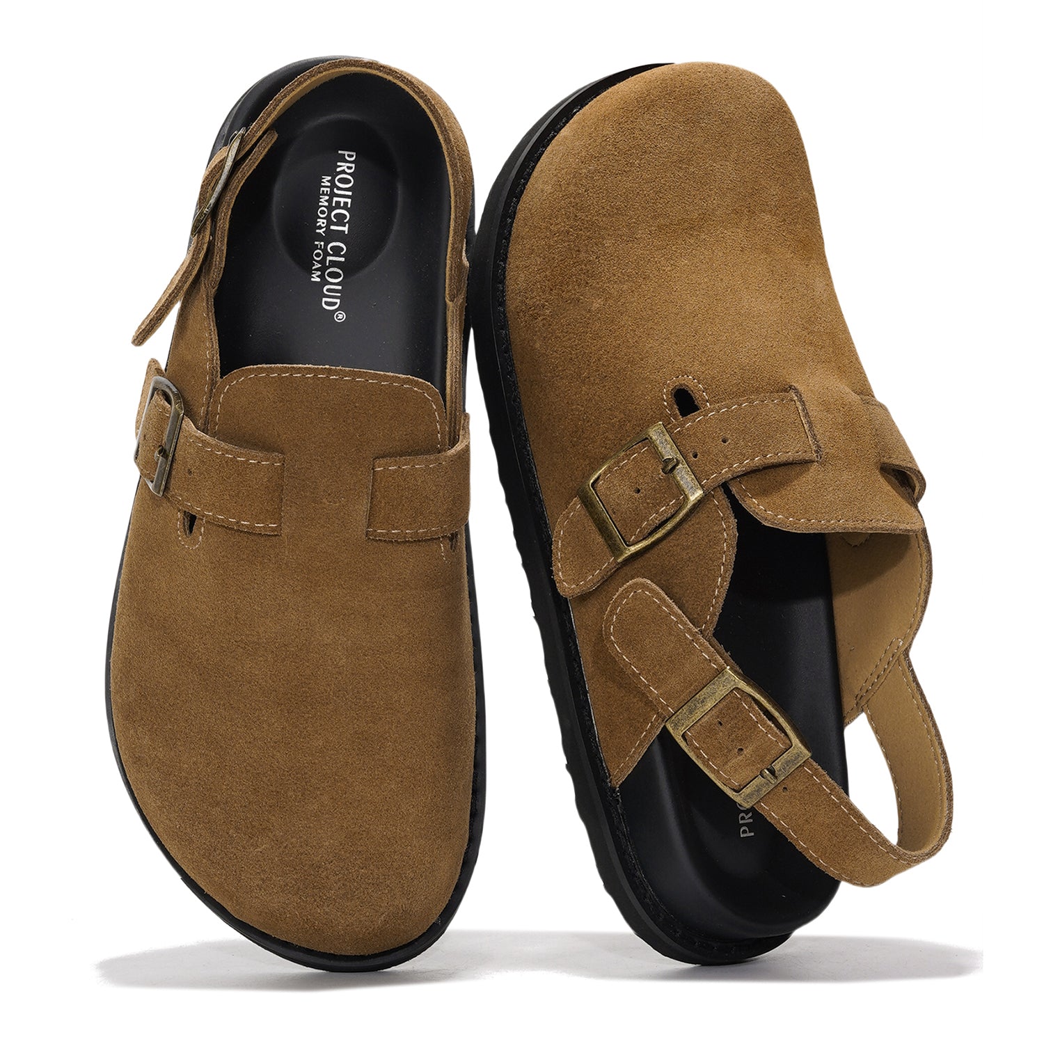 Project Cloud "Cassey" clogs in brown suede leather with memory foam insole and buckle strap