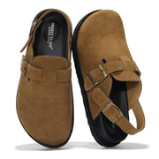 Project Cloud "Cassey" clogs in brown suede leather with memory foam insole and buckle strap