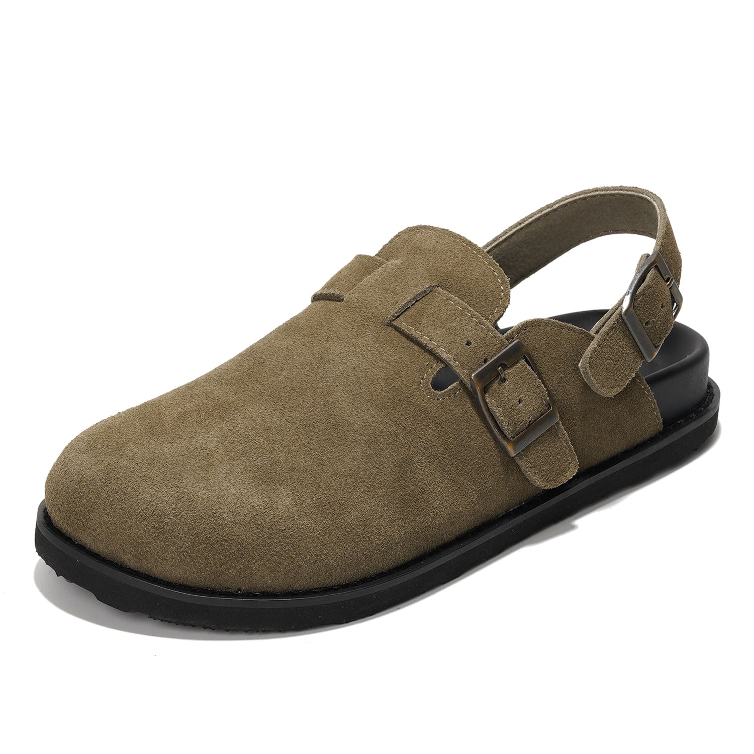 Olive green suede Project Cloud Cassey clogs with buckle strap and back strap. Lightweight comfort.
