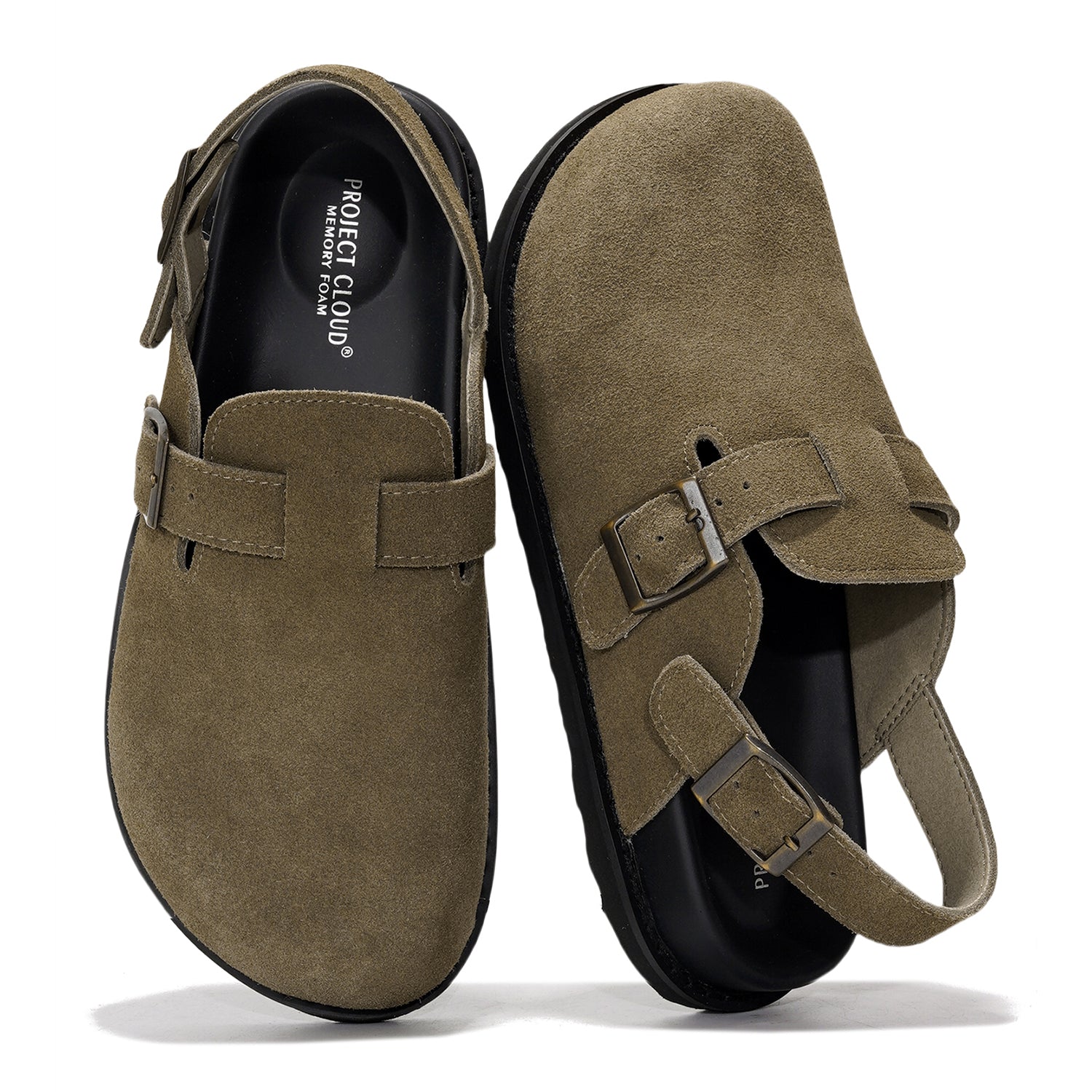 Olive green suede Project Cloud "Cassey" clogs with buckle strap, back strap, and memory foam.