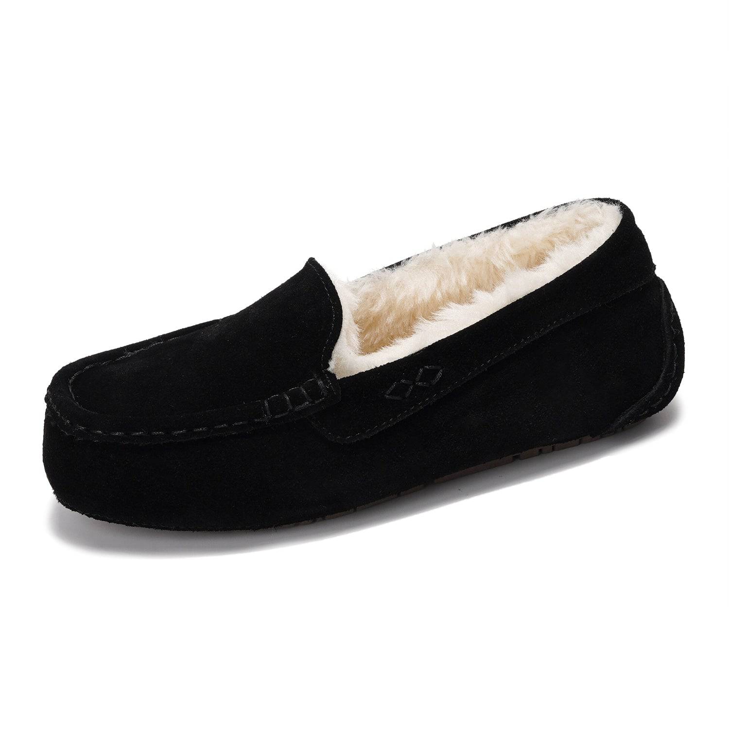 Black suede Project Cloud Cathi Loafers with faux fur lining & memory foam for women.