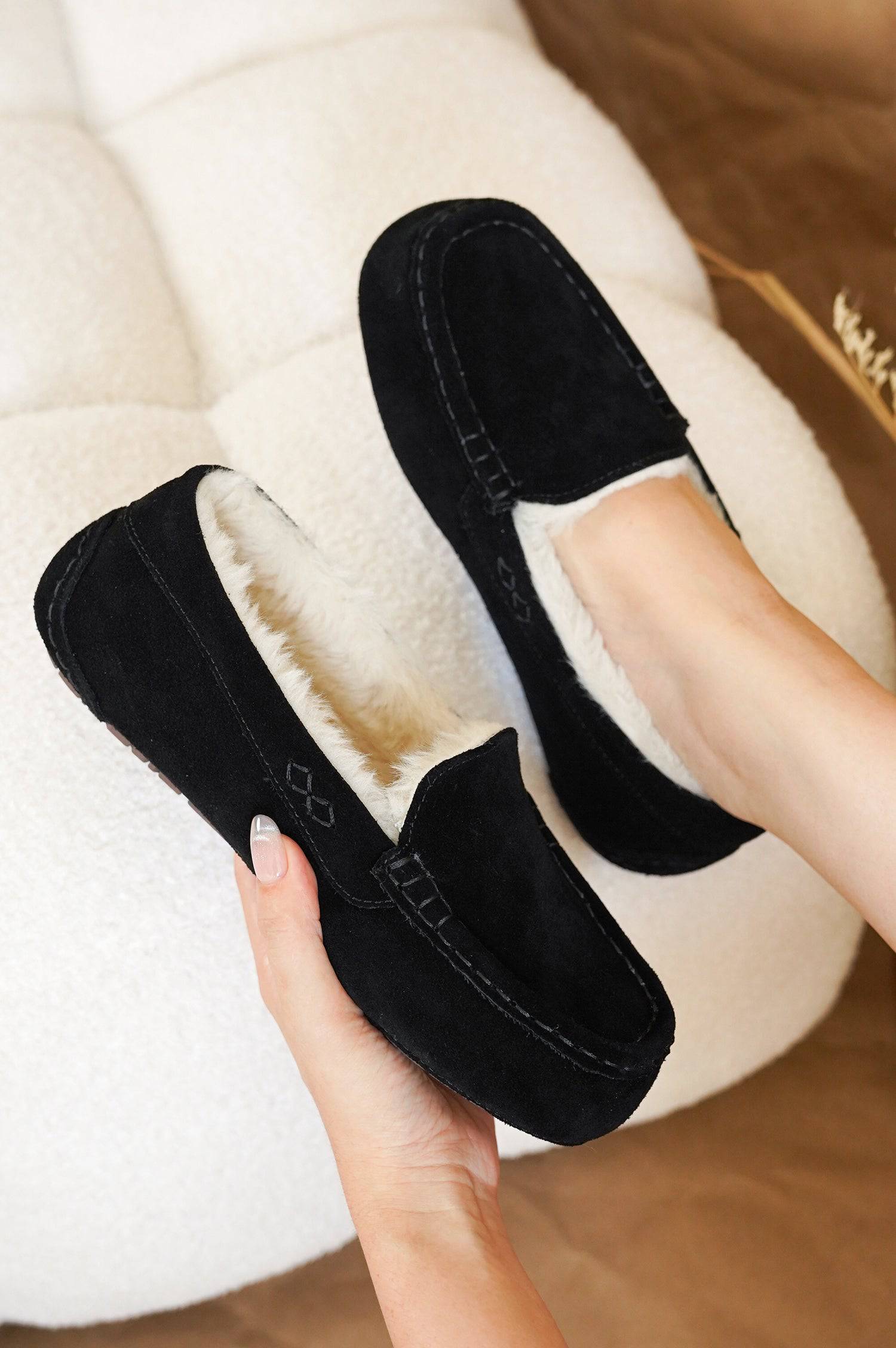Black Project Cloud Cathi Loafers: Genuine suede, faux fur lining, memory foam for women.