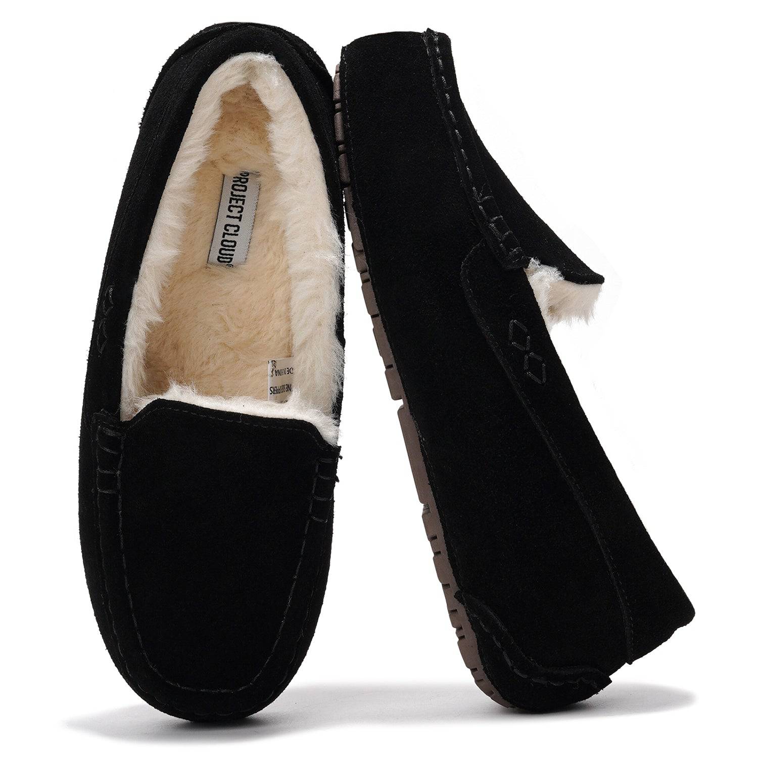 Project Cloud Cathi Loafers in Black: Genuine suede, faux fur lining, memory foam, and non-slip sole for women's comfort.