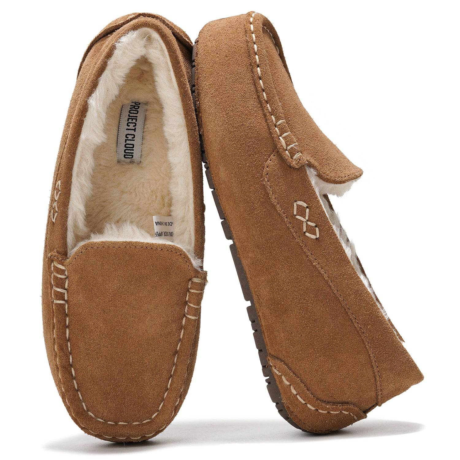 Project Cloud Brown Cathi Loafers: Genuine suede exterior, faux fur lining, and memory foam for ultimate comfort.