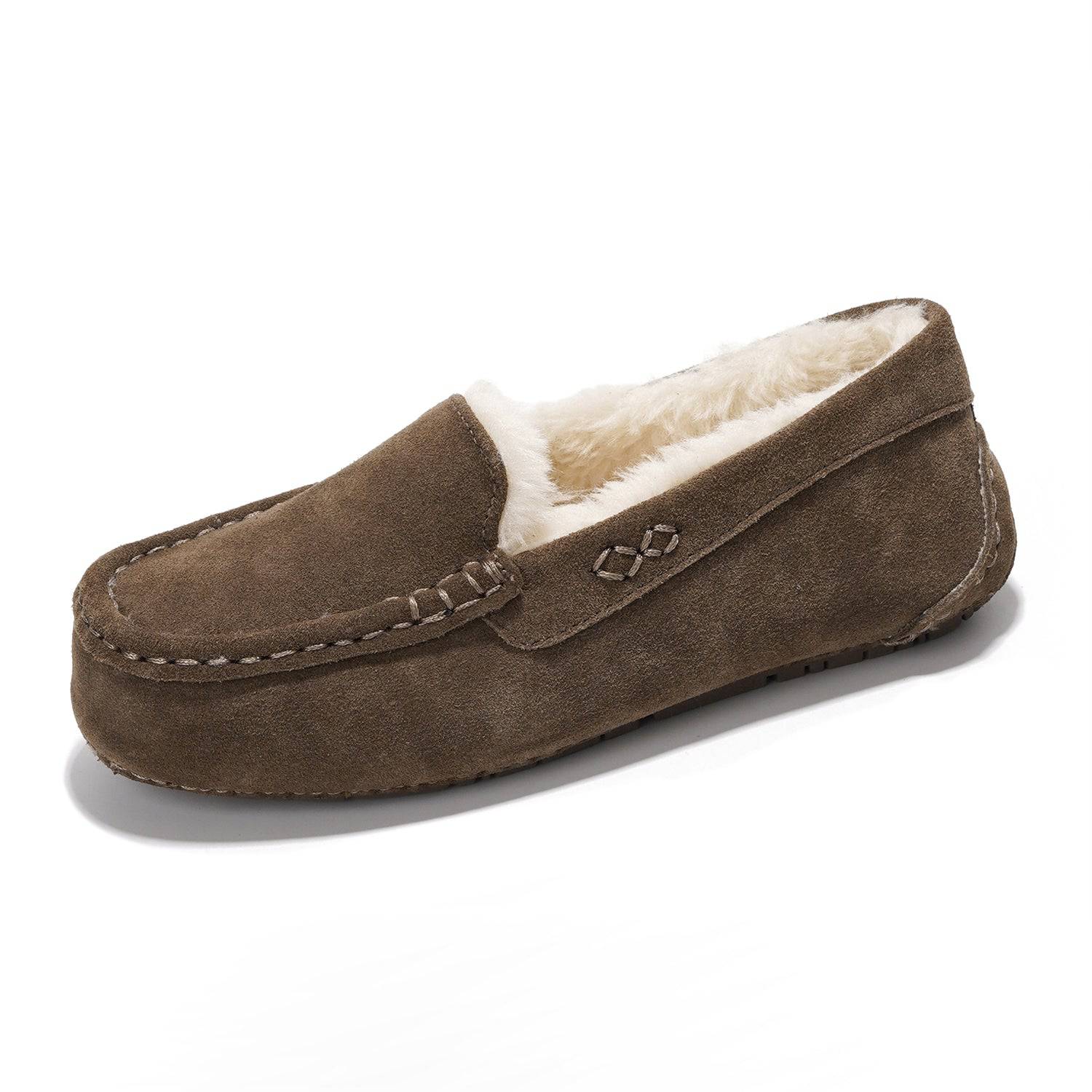 Brown suede Project Cloud Cathi Loafers with faux fur lining and memory foam for women.