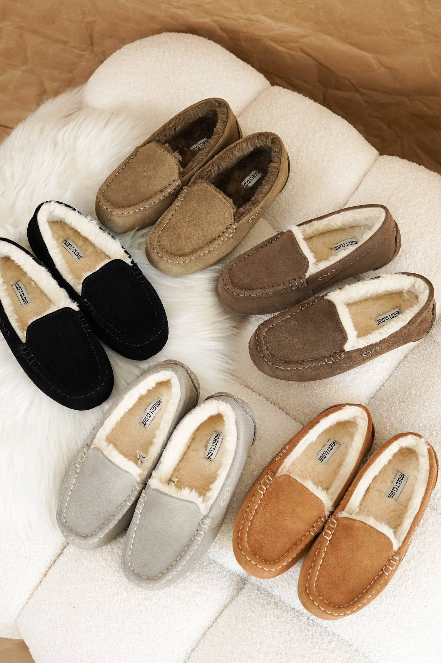 Project Cloud Cathi Loafers assortment: genuine suede, faux fur lining, memory foam, and non-slip soles in various colors.